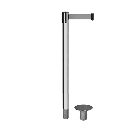 Retractable Belt Barrier Stanchion, Removable Base, Polished Stainless Steel Post, 11 Ft. Belt - Montour Line MX630R - Crowd Control Warehouse