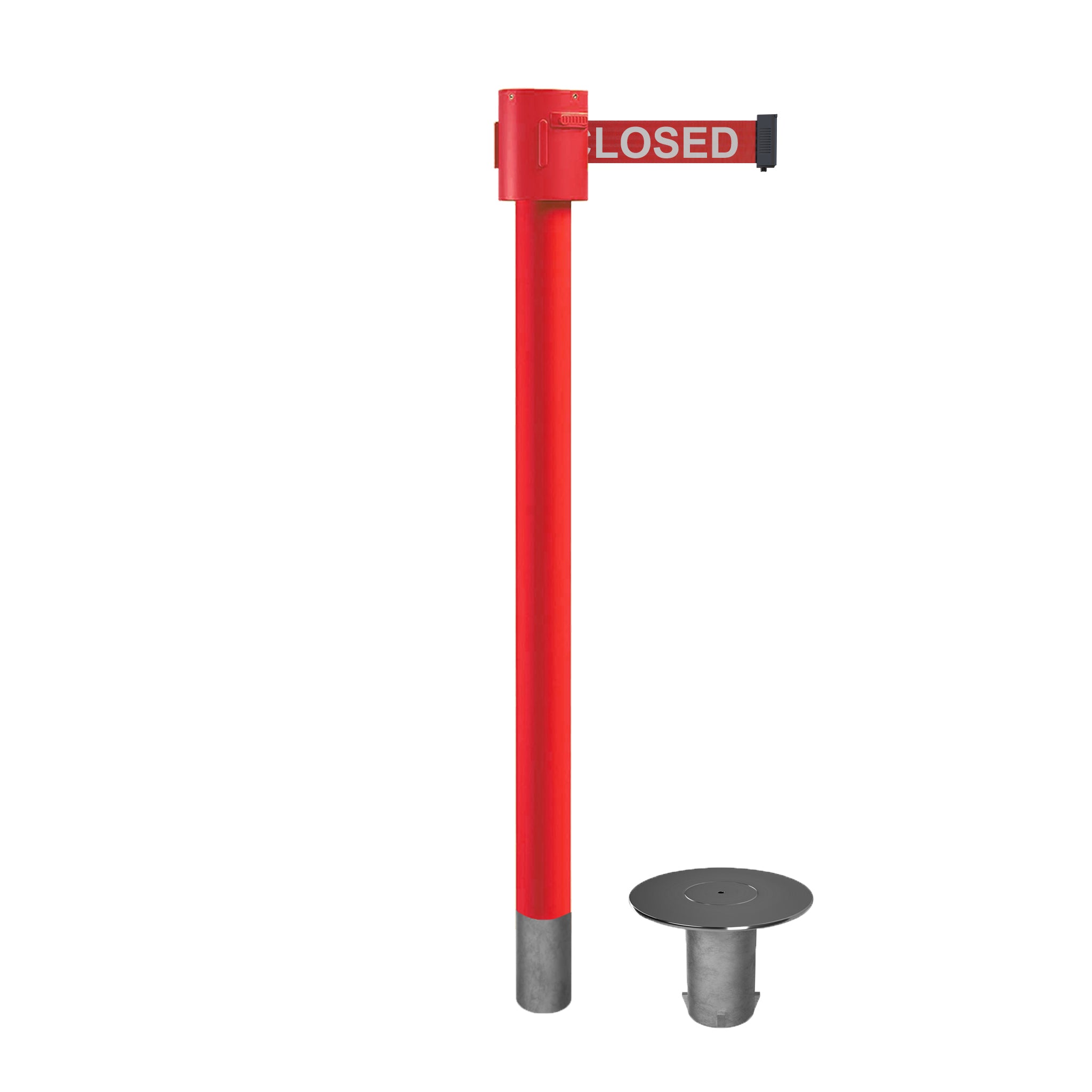 Retractable Belt Barrier Stanchion, Removable Base, Red Post, 35 ft Belt - Montour Line MSX760R - Crowd Control Warehouse