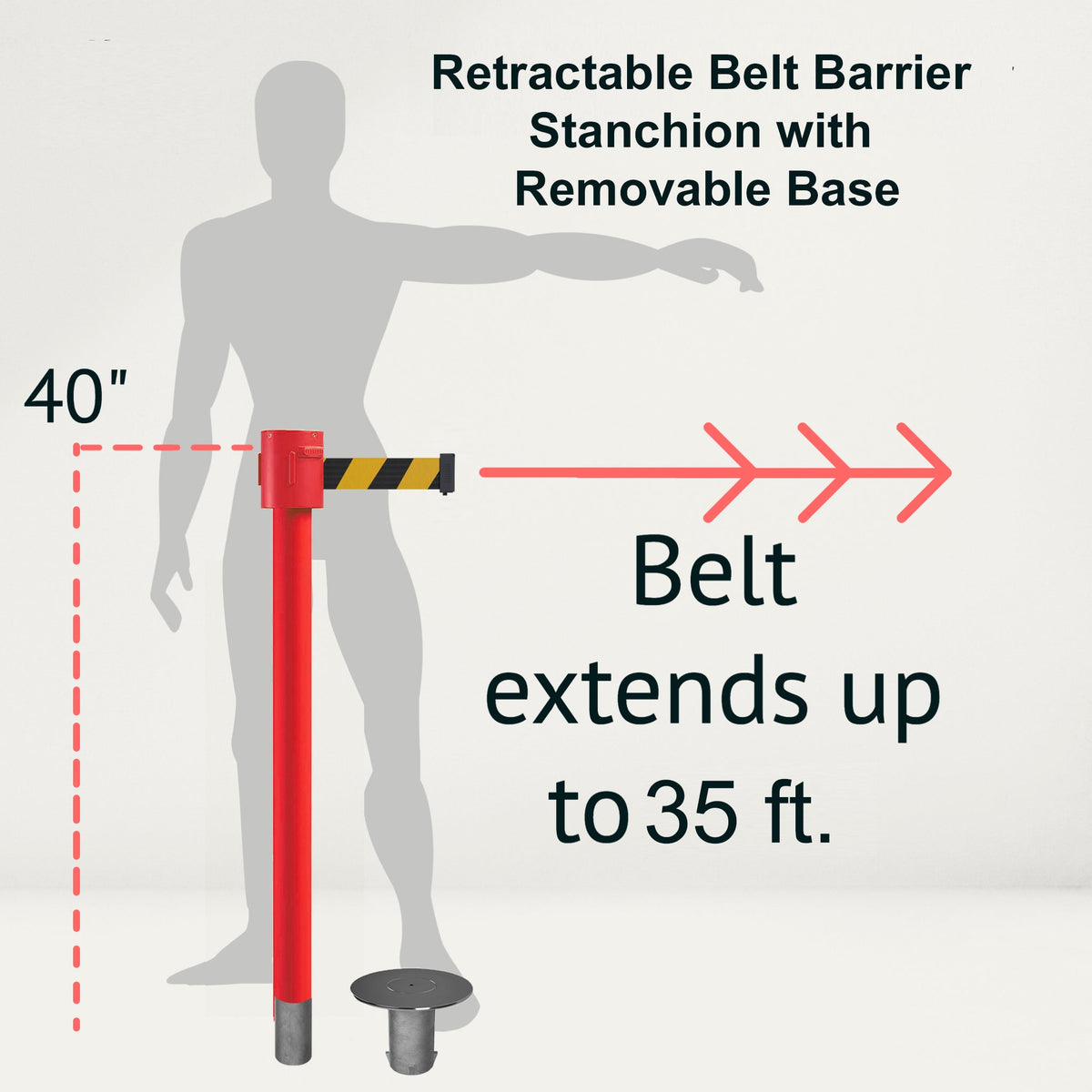 Retractable Belt Barrier Stanchion, Removable Base, Red Post, 35 ft Belt - Montour Line MSX760R - Crowd Control Warehouse