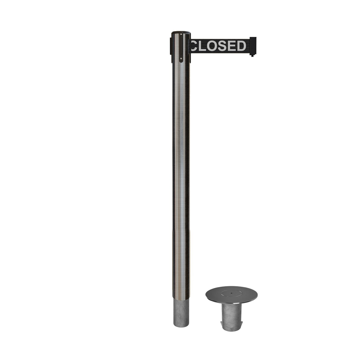 Retractable Belt Barrier Stanchion, Removable Base, Satin Stainless Steel Post, 11 Ft. Belt - Montour Line MX630R - Crowd Control Warehouse