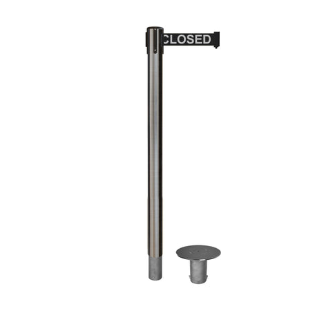 Retractable Belt Barrier Stanchion, Removable Base, Satin Stainless Steel Post, 11 Ft. Belt - Montour Line MX630R - Crowd Control Warehouse
