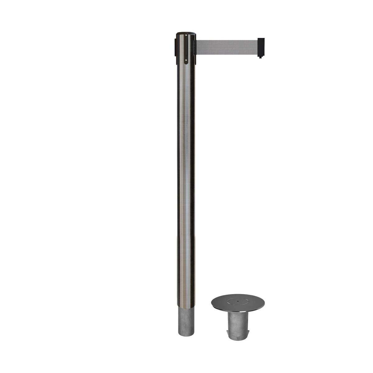 Retractable Belt Barrier Stanchion, Removable Base, Satin Stainless Steel Post, 11 Ft. Belt - Montour Line MX630R - Crowd Control Warehouse
