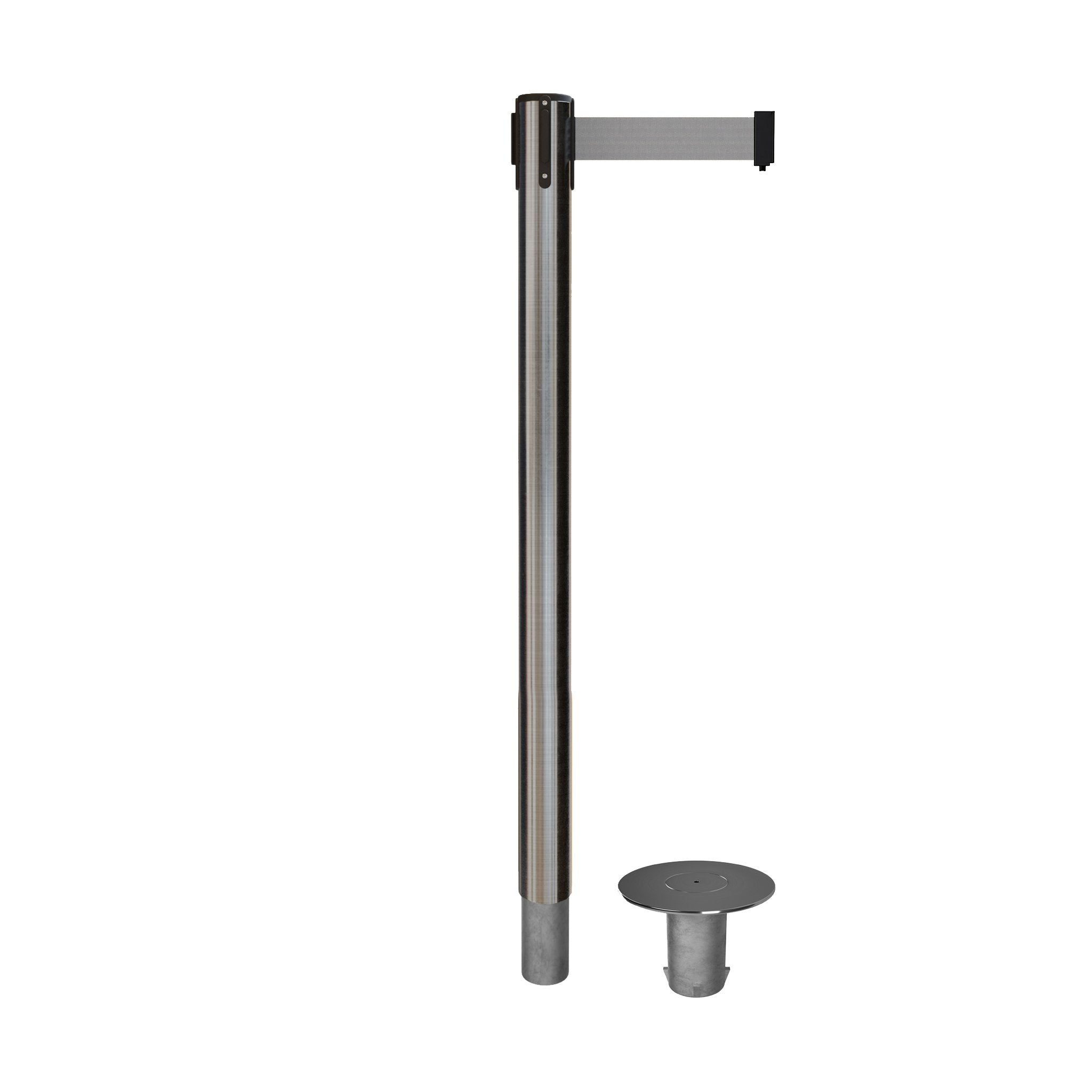 Retractable Belt Barrier Stanchion, Removable Base, Satin Stainless Steel Post, 11 Ft. Belt - Montour Line MX630R - Crowd Control Warehouse