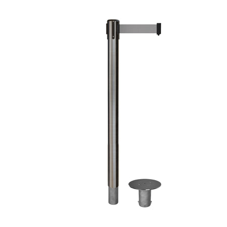 Retractable Belt Barrier Stanchion, Removable Base, Satin Stainless Steel Post, 11 Ft. Belt - Montour Line MX630R - Crowd Control Warehouse