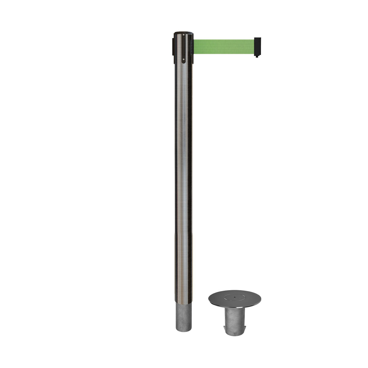 Retractable Belt Barrier Stanchion, Removable Base, Satin Stainless Steel Post, 11 Ft. Belt - Montour Line MX630R - Crowd Control Warehouse