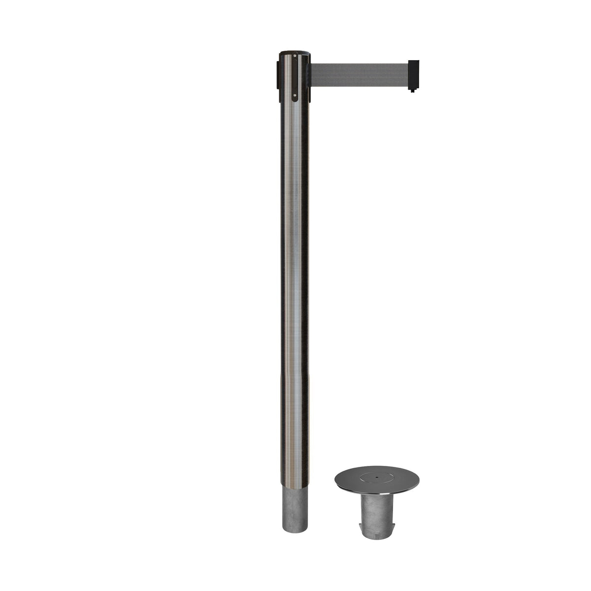 Retractable Belt Barrier Stanchion, Removable Base, Satin Stainless Steel Post, 11 Ft. Belt - Montour Line MX630R - Crowd Control Warehouse