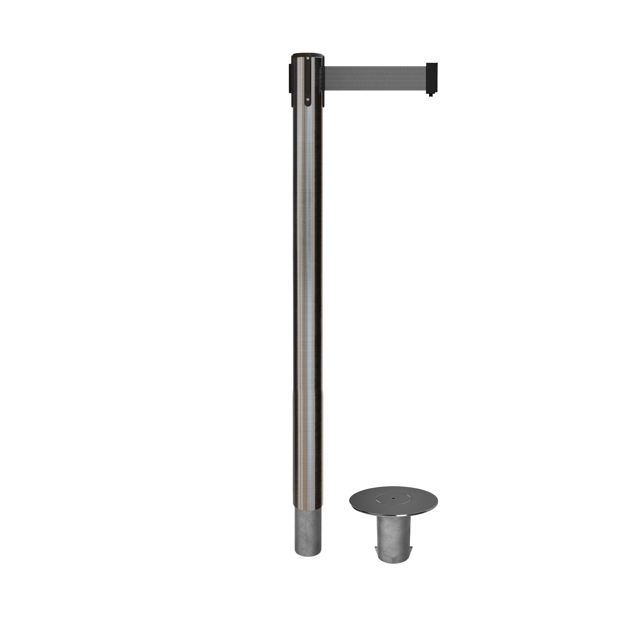 Retractable Belt Barrier Stanchion, Removable Base, Satin Stainless Steel Post, 11 Ft. Belt - Montour Line MX630R - Crowd Control Warehouse