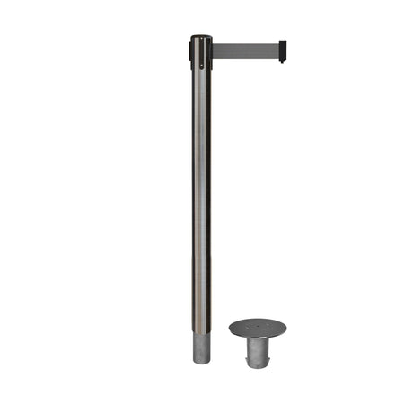 Retractable Belt Barrier Stanchion, Removable Base, Satin Stainless Steel Post, 11 Ft. Belt - Montour Line MX630R - Crowd Control Warehouse