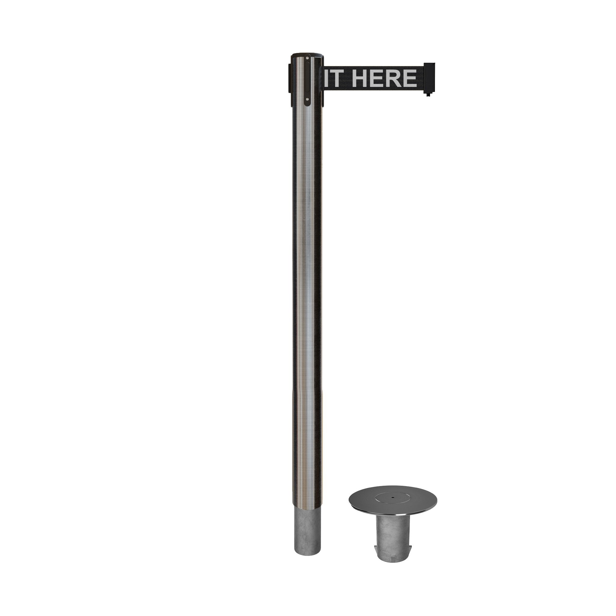 Retractable Belt Barrier Stanchion, Removable Base, Satin Stainless Steel Post, 11 Ft. Belt - Montour Line MX630R - Crowd Control Warehouse
