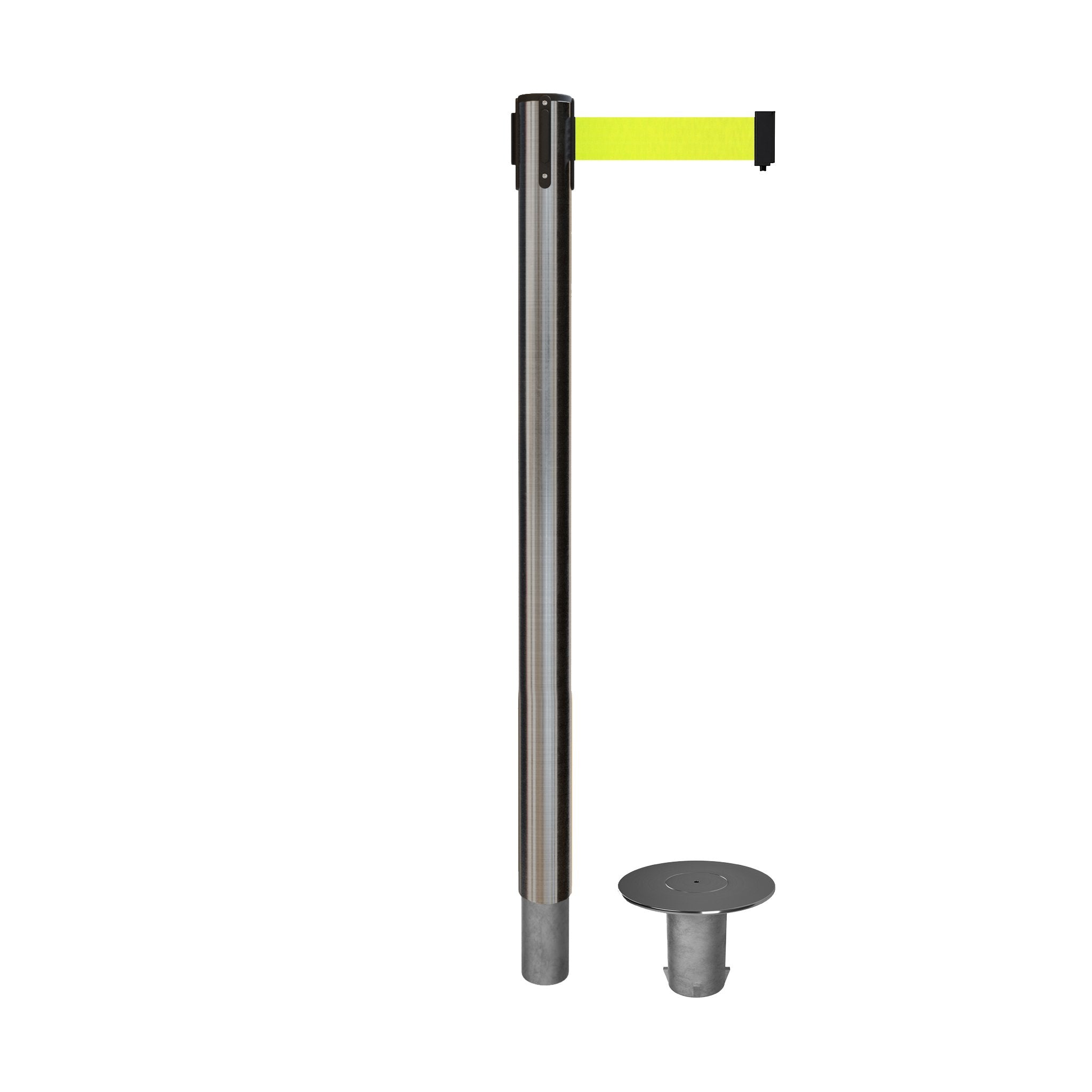 Retractable Belt Barrier Stanchion, Removable Base, Satin Stainless Steel Post, 11 Ft. Belt - Montour Line MX630R - Crowd Control Warehouse