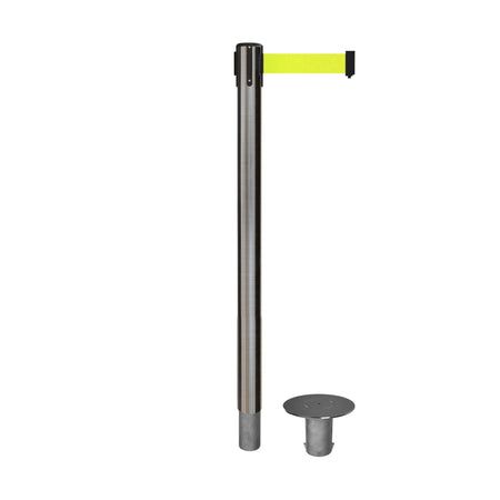 Retractable Belt Barrier Stanchion, Removable Base, Satin Stainless Steel Post, 11 Ft. Belt - Montour Line MX630R - Crowd Control Warehouse