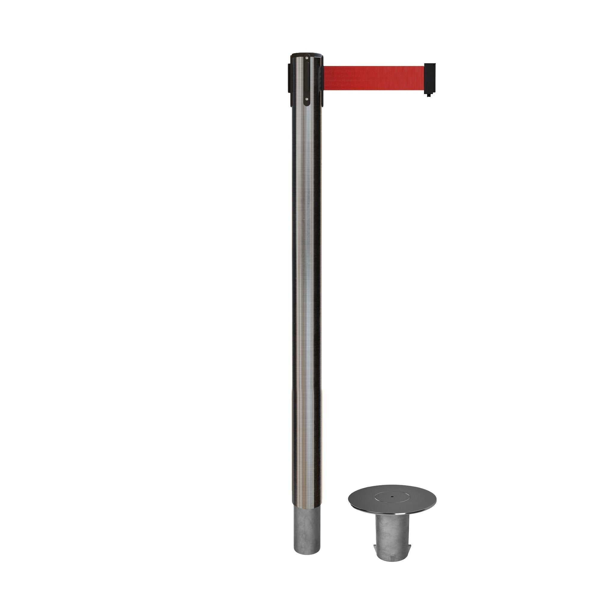Retractable Belt Barrier Stanchion, Removable Base, Satin Stainless Steel Post, 11 Ft. Belt - Montour Line MX630R - Crowd Control Warehouse