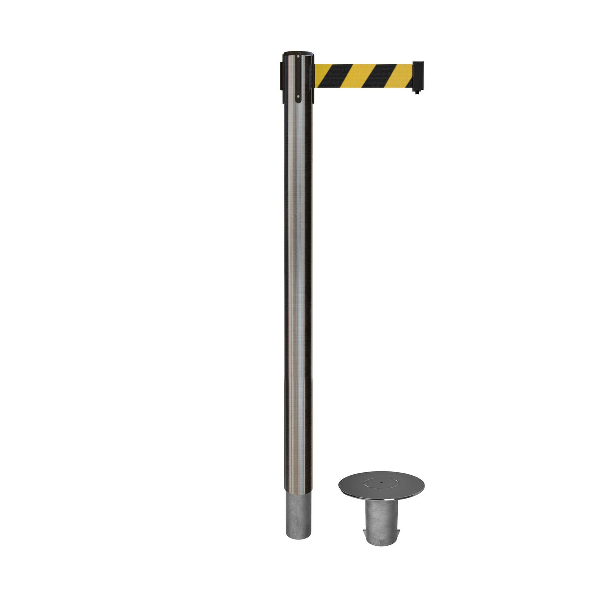 Retractable Belt Barrier Stanchion, Removable Base, Satin Stainless Steel Post, 11 Ft. Belt - Montour Line MX630R - Crowd Control Warehouse