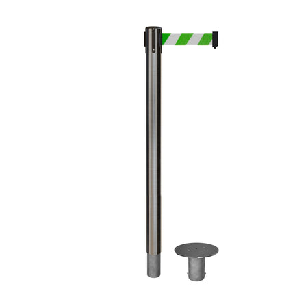 Retractable Belt Barrier Stanchion, Removable Base, Satin Stainless Steel Post, 11 Ft. Belt - Montour Line MX630R - Crowd Control Warehouse