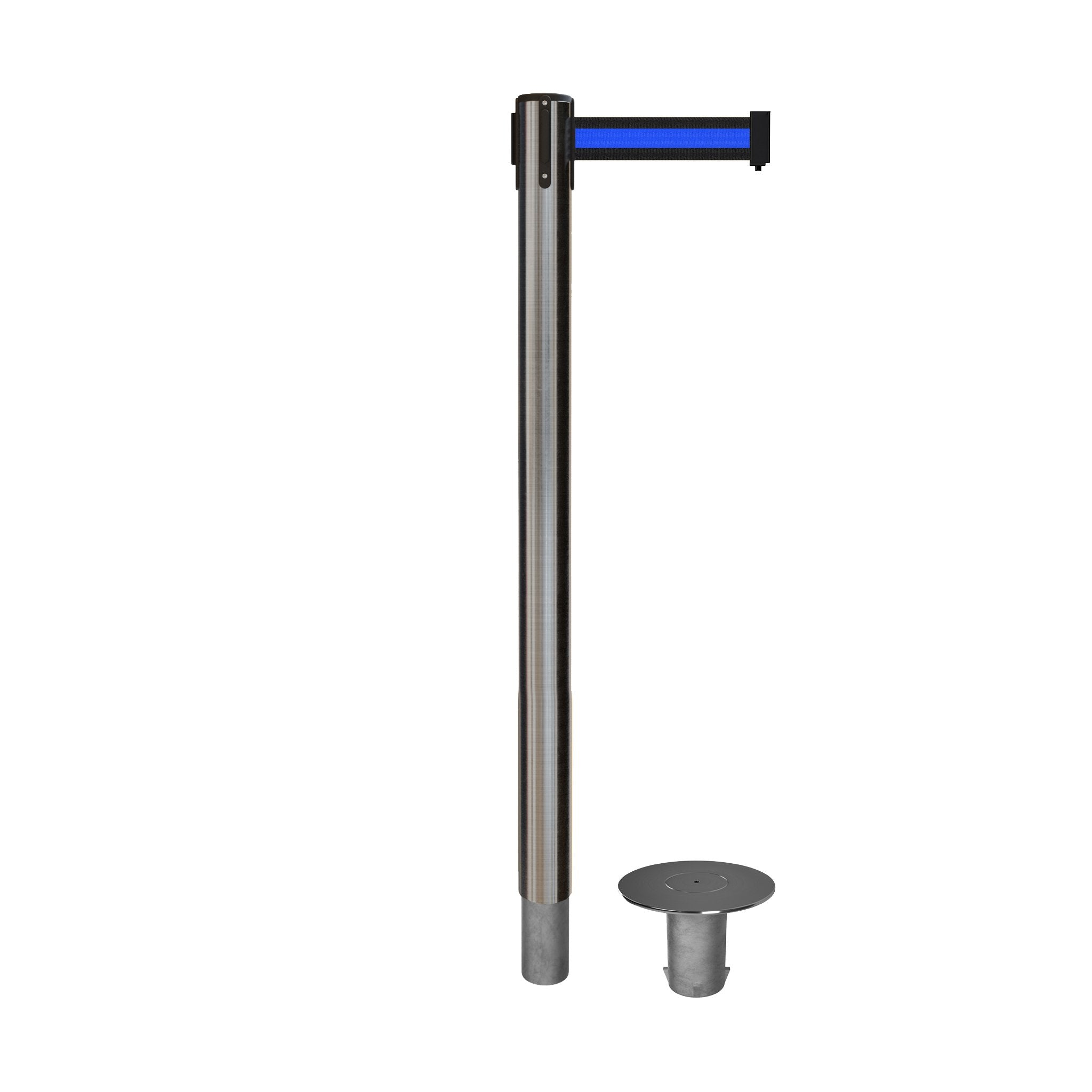 Retractable Belt Barrier Stanchion, Removable Base, Satin Stainless Steel Post, 11 Ft. Belt - Montour Line MX630R - Crowd Control Warehouse