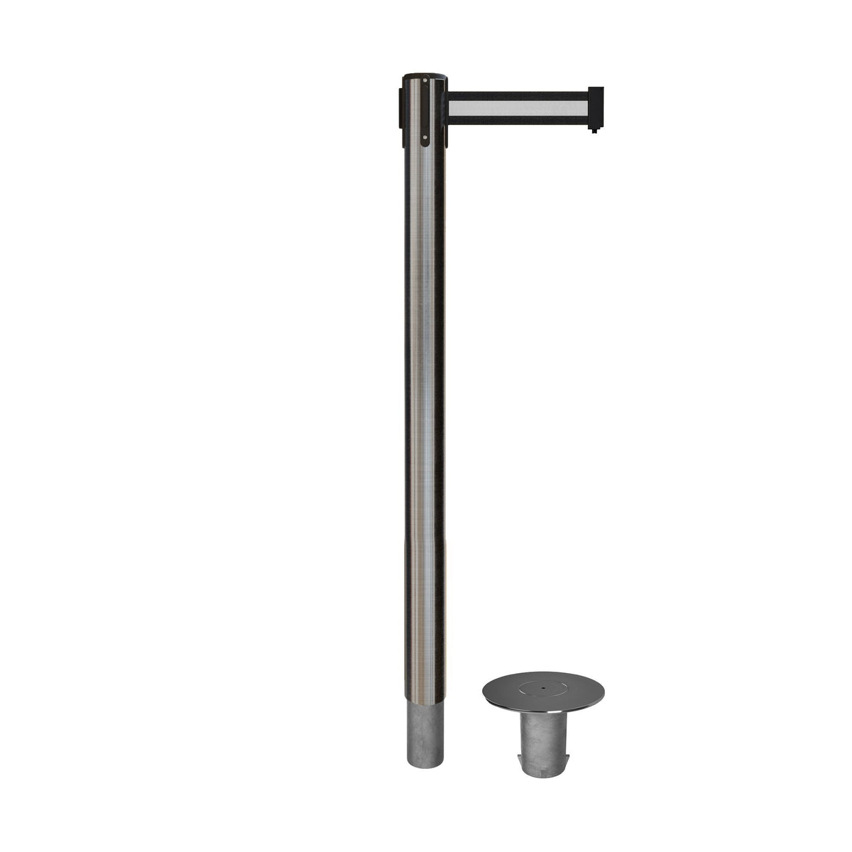 Retractable Belt Barrier Stanchion, Removable Base, Satin Stainless Steel Post, 11 Ft. Belt - Montour Line MX630R - Crowd Control Warehouse