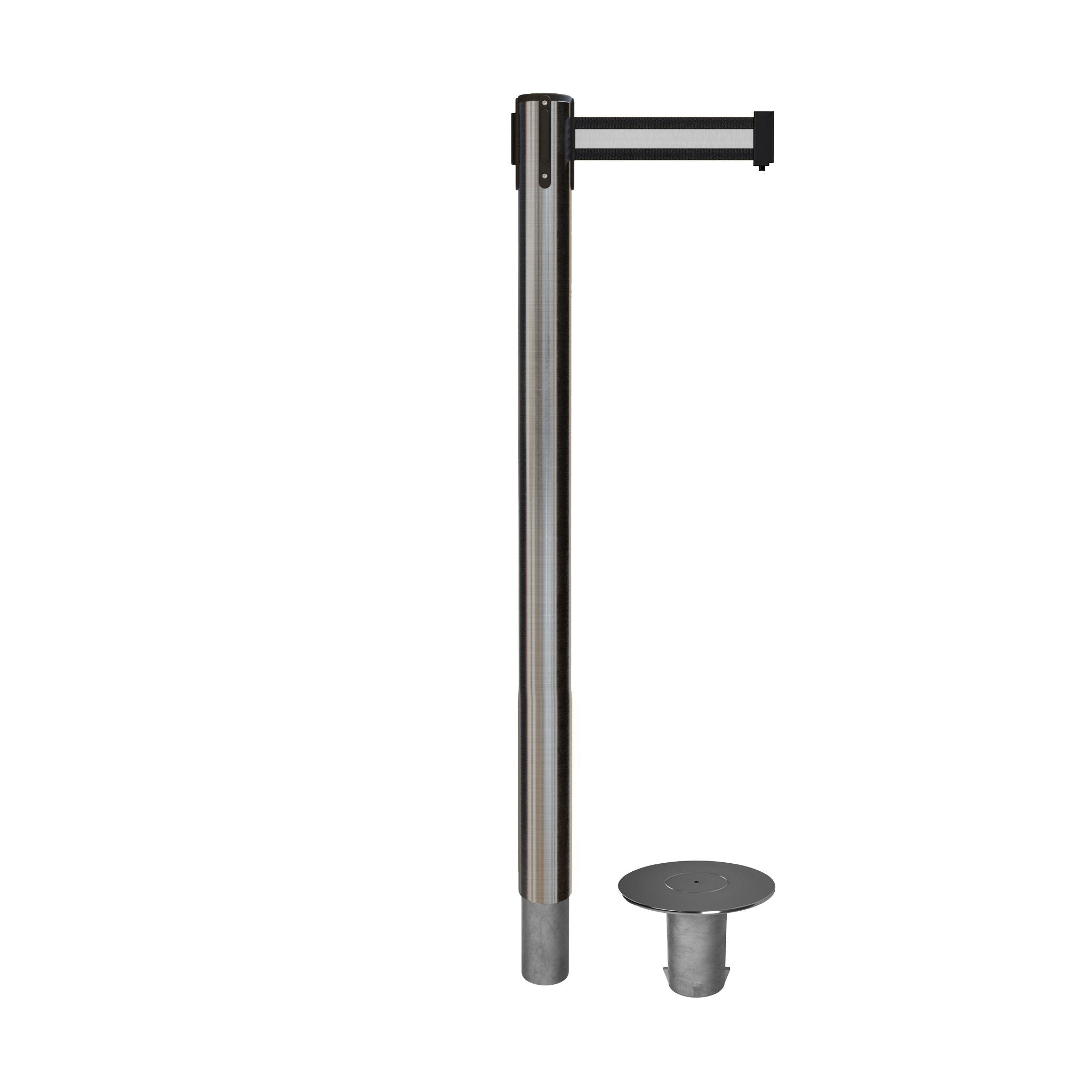 Retractable Belt Barrier Stanchion, Removable Base, Satin Stainless Steel Post, 11 Ft. Belt - Montour Line MX630R - Crowd Control Warehouse