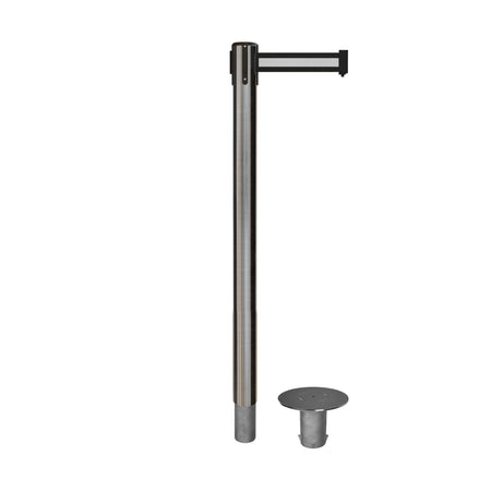 Retractable Belt Barrier Stanchion, Removable Base, Satin Stainless Steel Post, 11 Ft. Belt - Montour Line MX630R - Crowd Control Warehouse