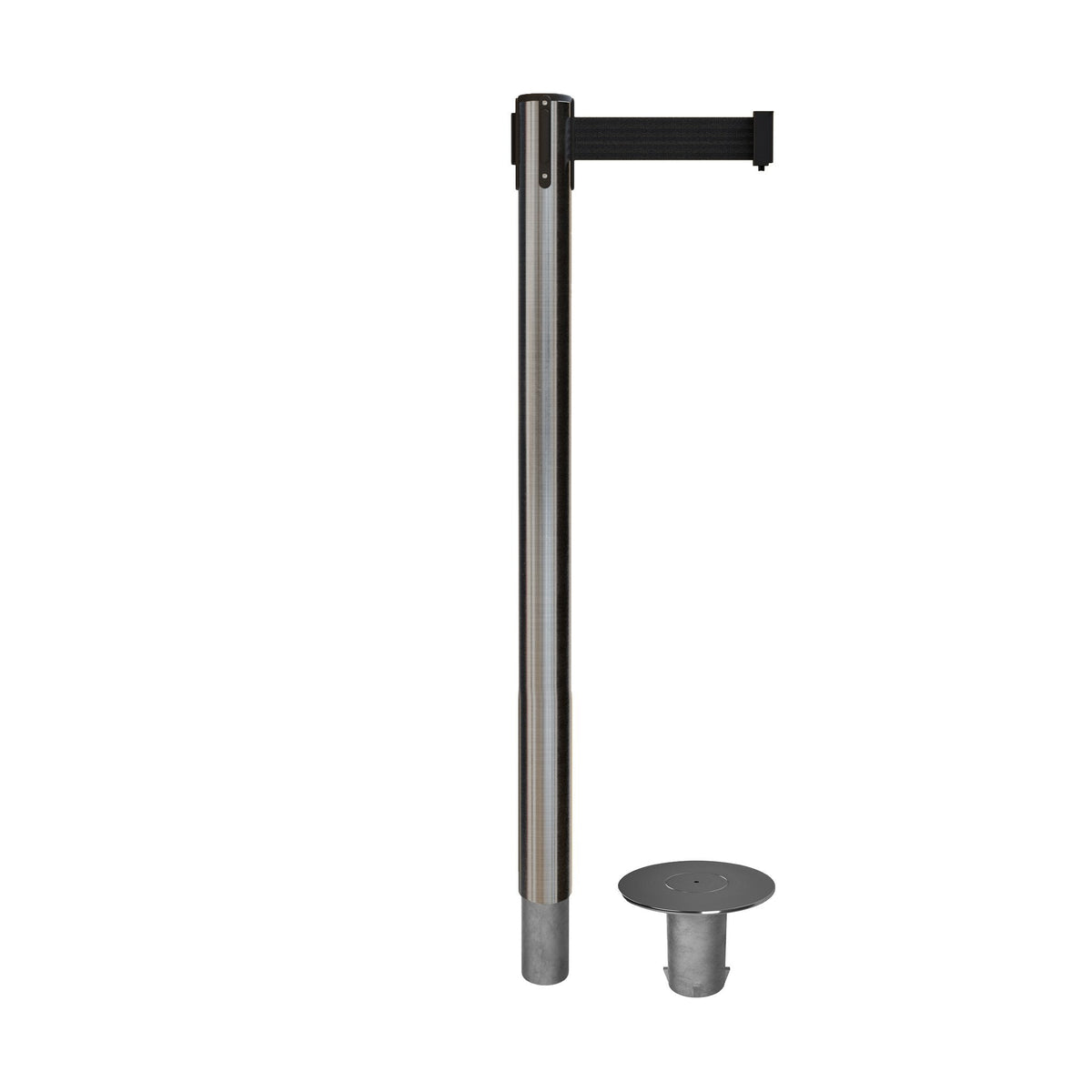 Retractable Belt Barrier Stanchion, Removable Base, Satin Stainless Steel Post, 11 Ft. Belt - Montour Line MX630R - Crowd Control Warehouse