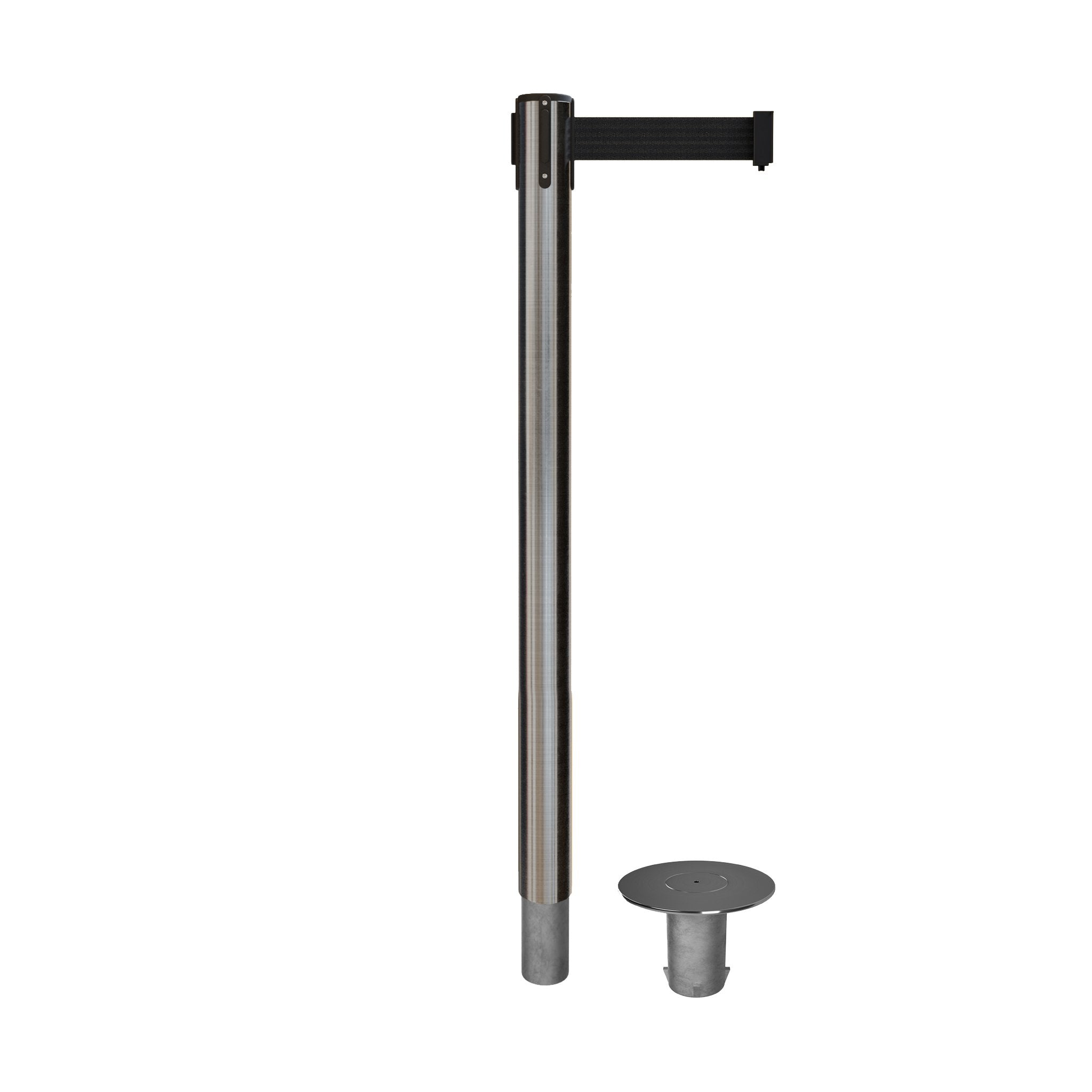 Retractable Belt Barrier Stanchion, Removable Base, Satin Stainless Steel Post, 11 Ft. Belt - Montour Line MX630R - Crowd Control Warehouse