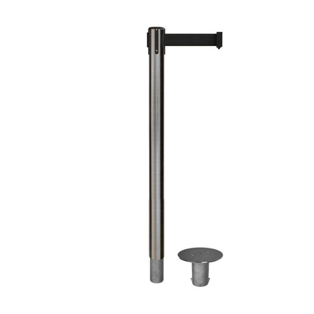Retractable Belt Barrier Stanchion, Removable Base, Satin Stainless Steel Post, 11 Ft. Belt - Montour Line MX630R - Crowd Control Warehouse
