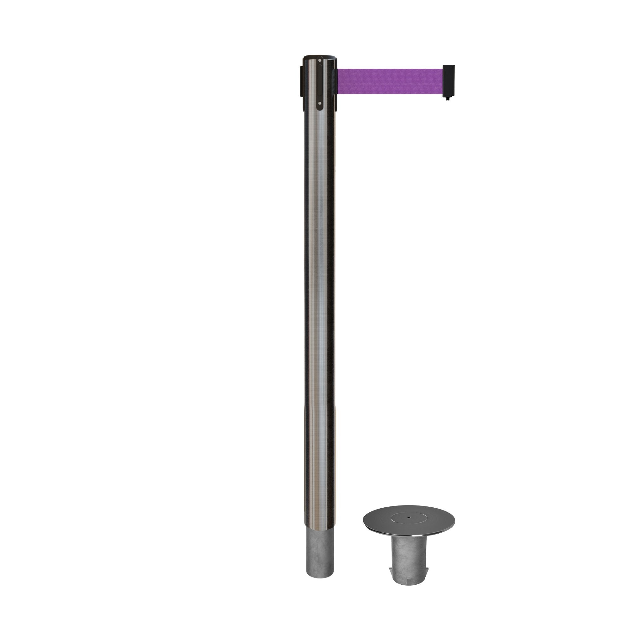Retractable Belt Barrier Stanchion, Removable Base, Satin Stainless Steel Post, 11 Ft. Belt - Montour Line MX630R - Crowd Control Warehouse