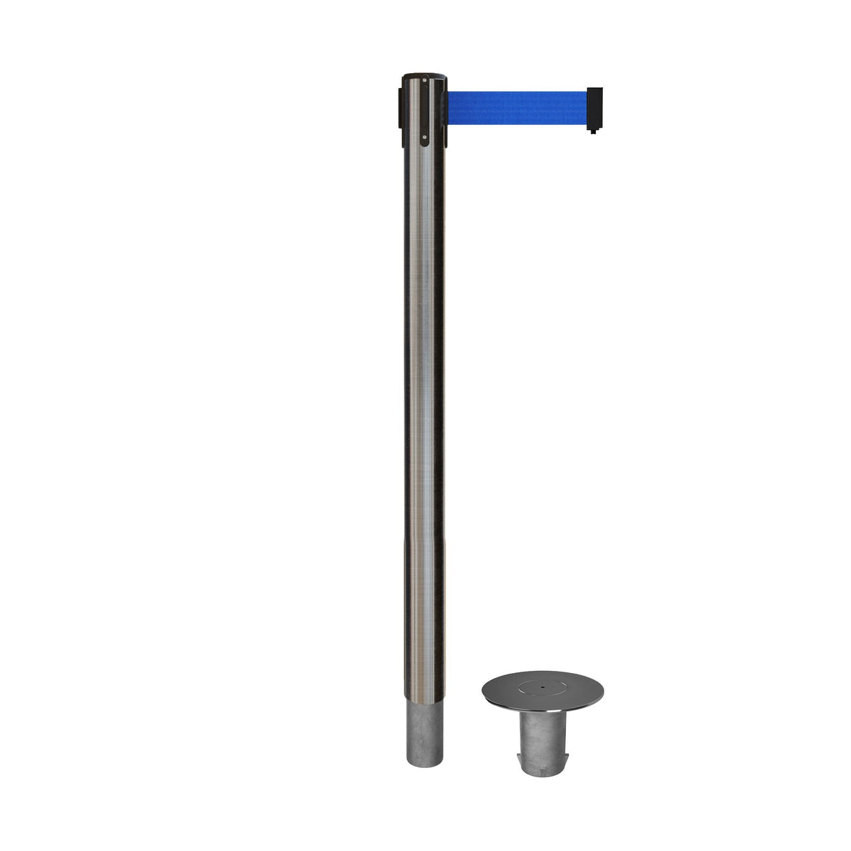 Retractable Belt Barrier Stanchion, Removable Base, Satin Stainless Steel Post, 11 Ft. Belt - Montour Line MX630R - Crowd Control Warehouse