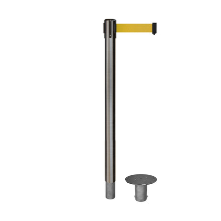 Retractable Belt Barrier Stanchion, Removable Base, Satin Stainless Steel Post, 11 Ft. Belt - Montour Line MX630R - Crowd Control Warehouse