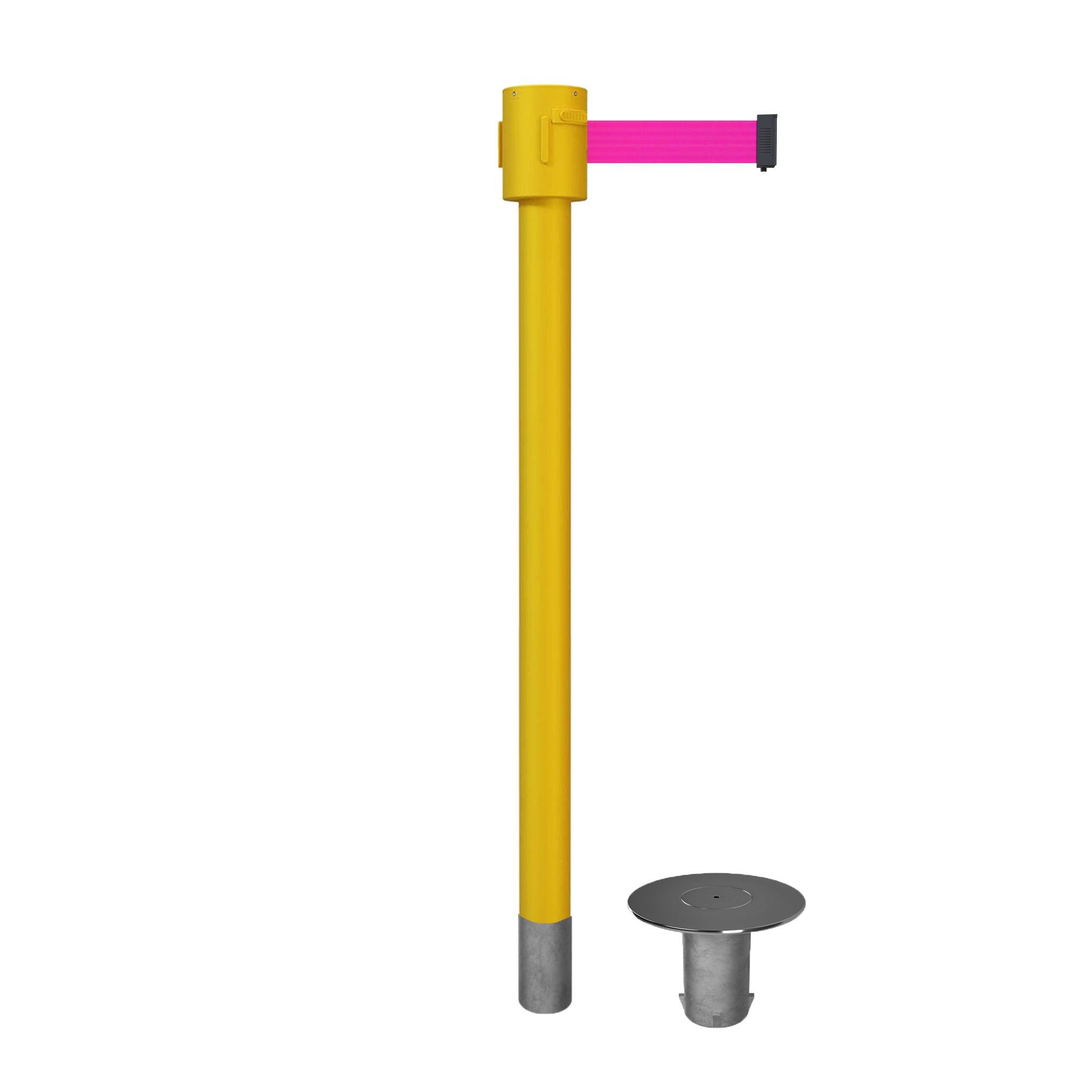 Retractable Belt Barrier Stanchion, Removable Base, Yellow Post, 35 ft Belt - Montour Line MSX760R - Crowd Control Warehouse