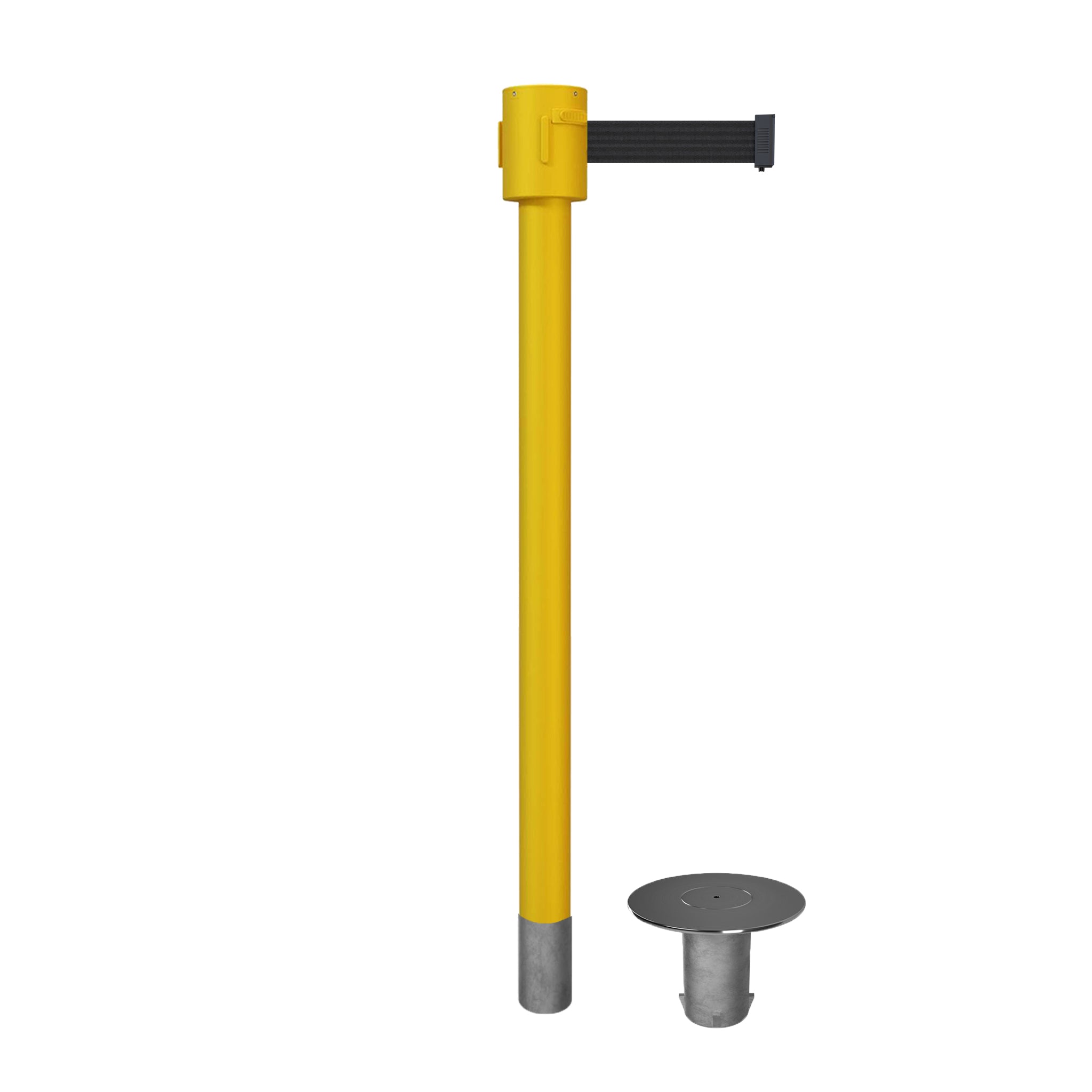 Retractable Belt Barrier Stanchion, Removable Base, Yellow Post, 35 ft Belt - Montour Line MSX760R - Crowd Control Warehouse