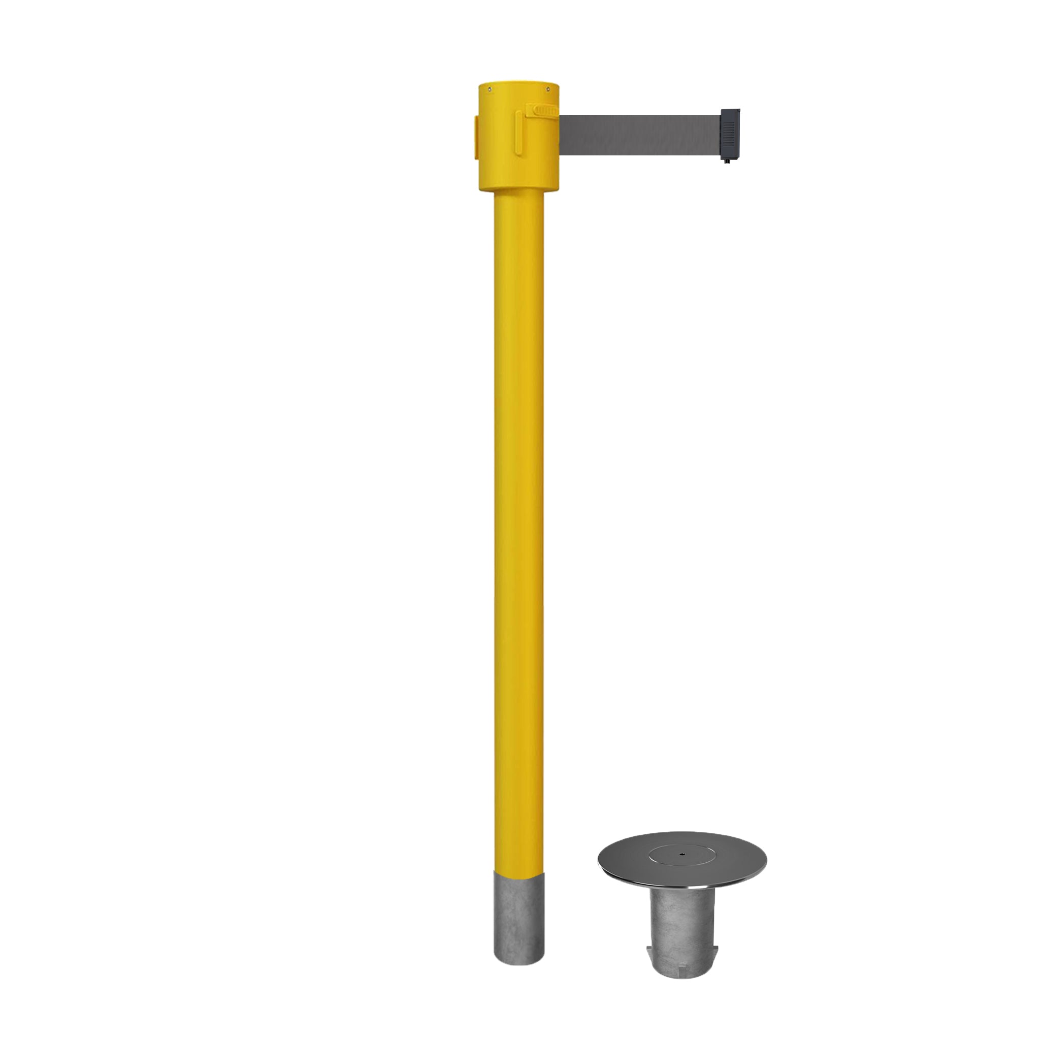 Retractable Belt Barrier Stanchion, Removable Base, Yellow Post, 35 ft Belt - Montour Line MSX760R - Crowd Control Warehouse