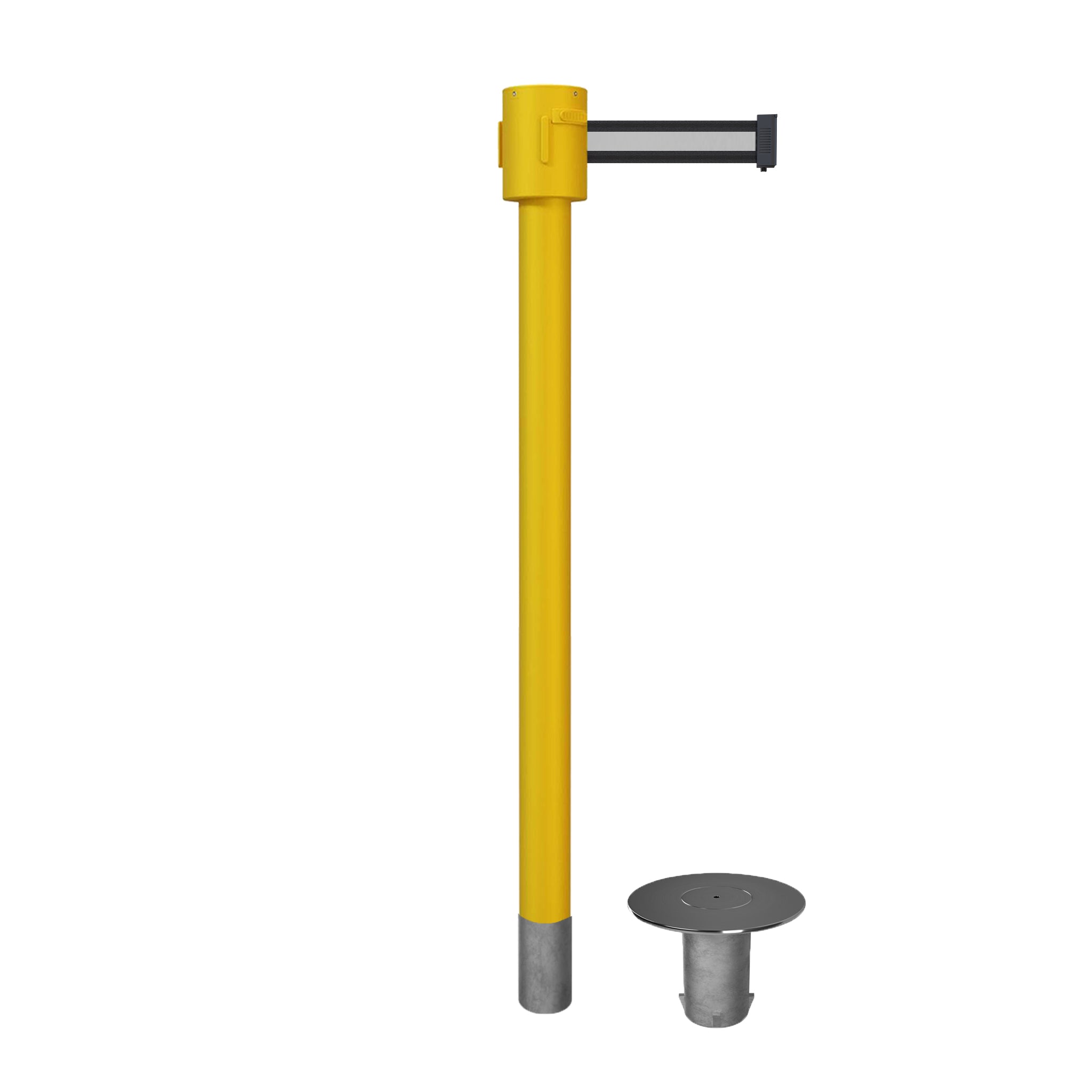 Retractable Belt Barrier Stanchion, Removable Base, Yellow Post, 35 ft Belt - Montour Line MSX760R - Crowd Control Warehouse