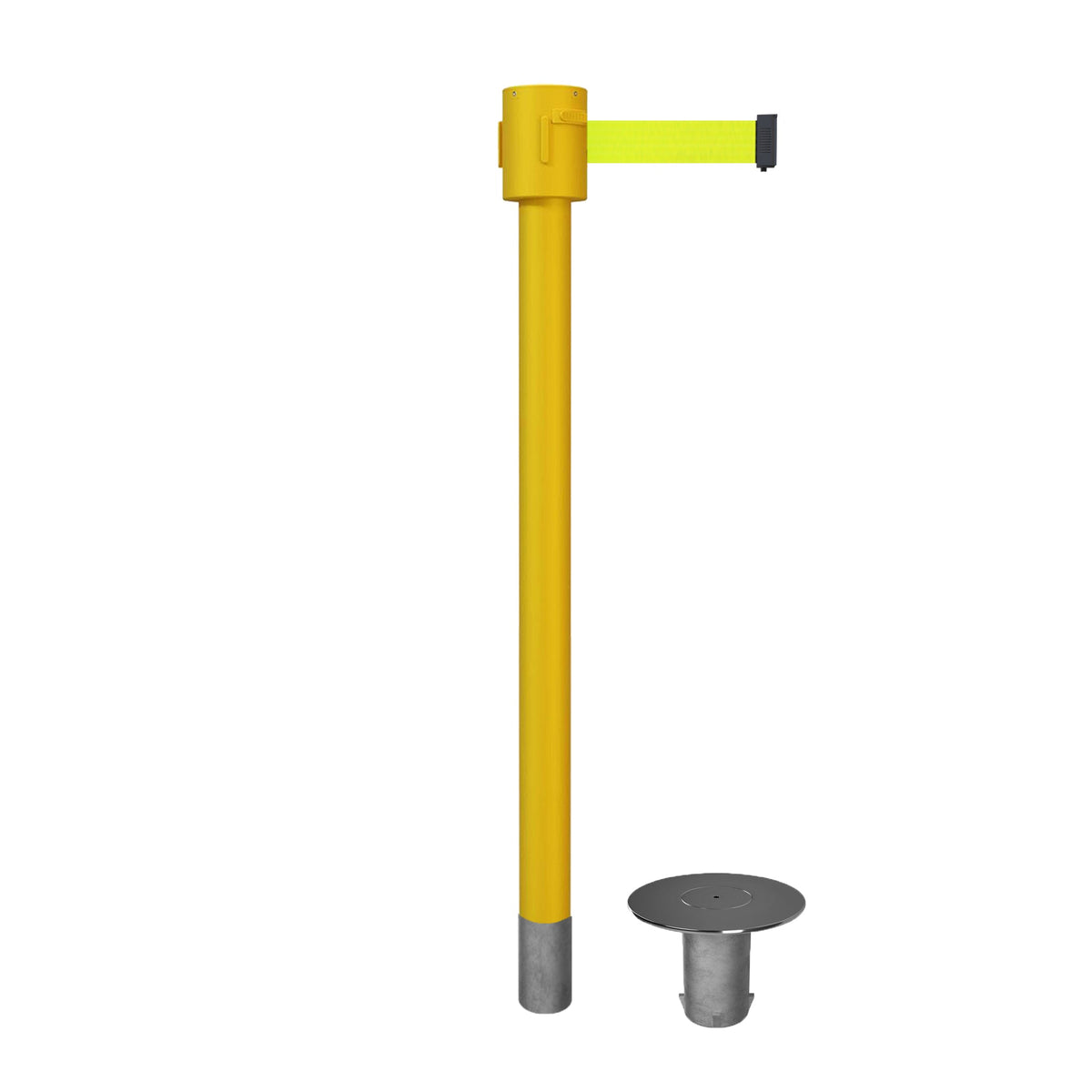 Retractable Belt Barrier Stanchion, Removable Base, Yellow Post, 35 ft Belt - Montour Line MSX760R - Crowd Control Warehouse