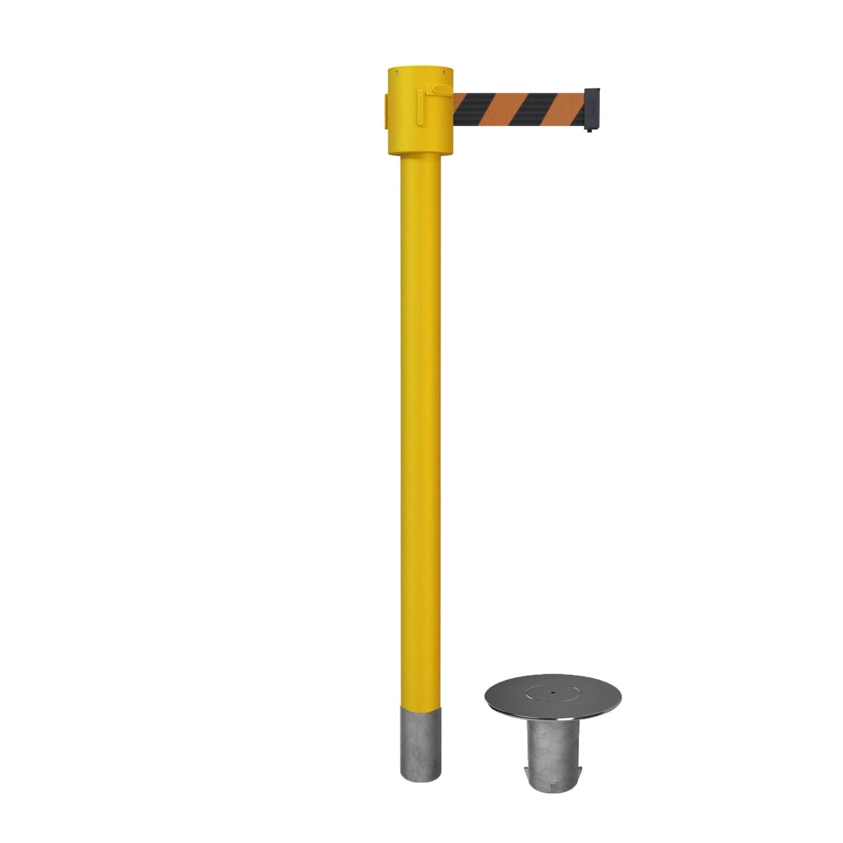 Retractable Belt Barrier Stanchion, Removable Base, Yellow Post, 35 ft Belt - Montour Line MSX760R - Crowd Control Warehouse