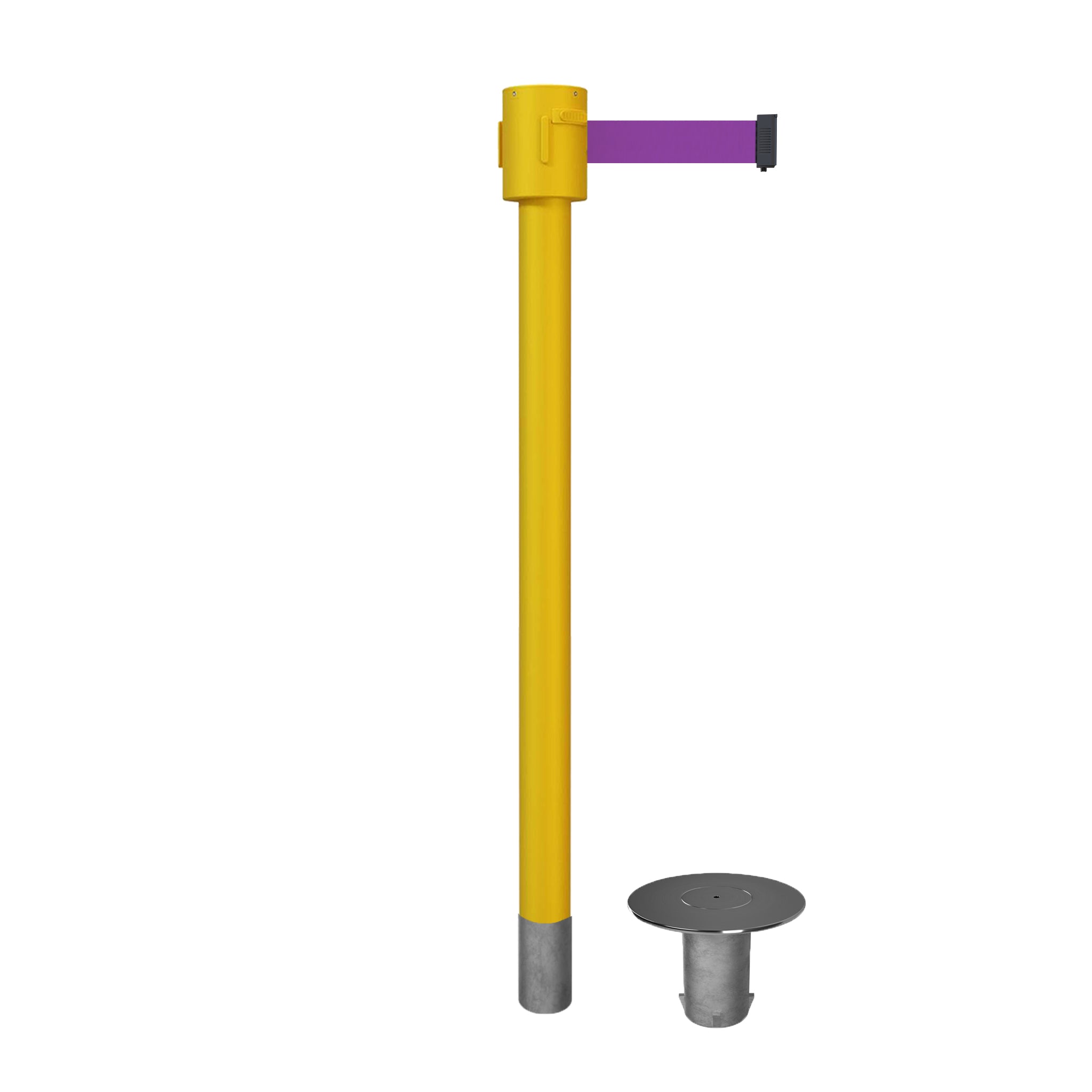 Retractable Belt Barrier Stanchion, Removable Base, Yellow Post, 35 ft Belt - Montour Line MSX760R - Crowd Control Warehouse