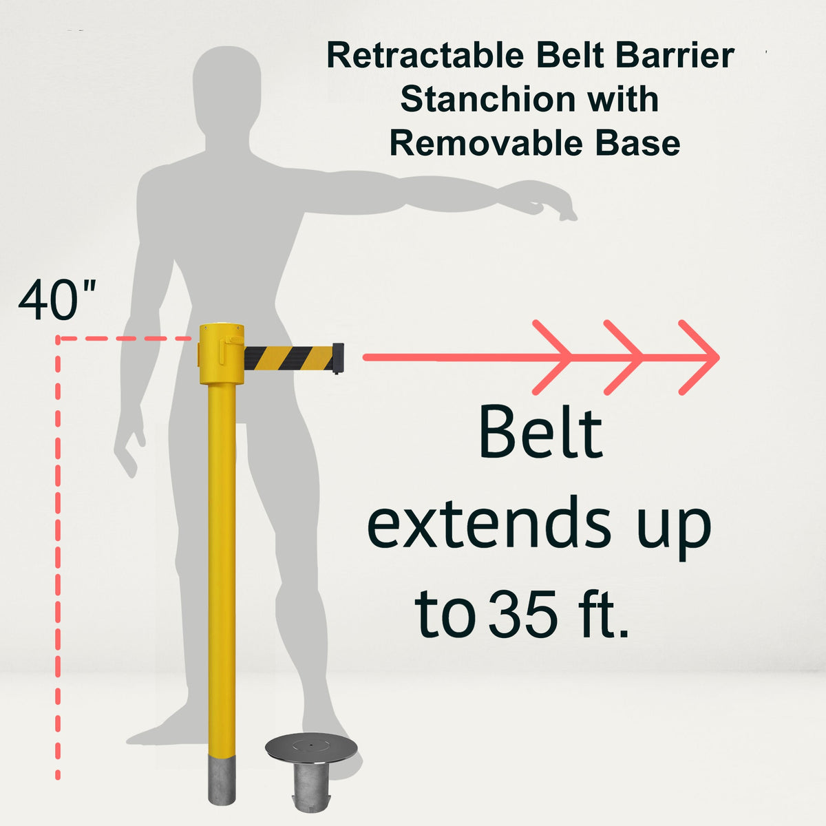 Retractable Belt Barrier Stanchion, Removable Base, Yellow Post, 35 ft Belt - Montour Line MSX760R - Crowd Control Warehouse