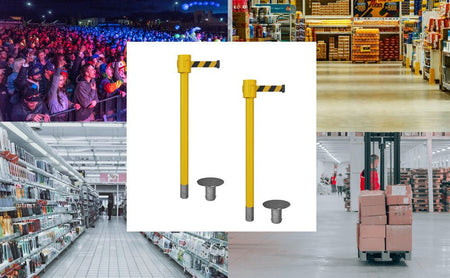Retractable Belt Barrier Stanchion, Removable Base, Yellow Post, 35 ft Belt - Montour Line MSX760R - Crowd Control Warehouse
