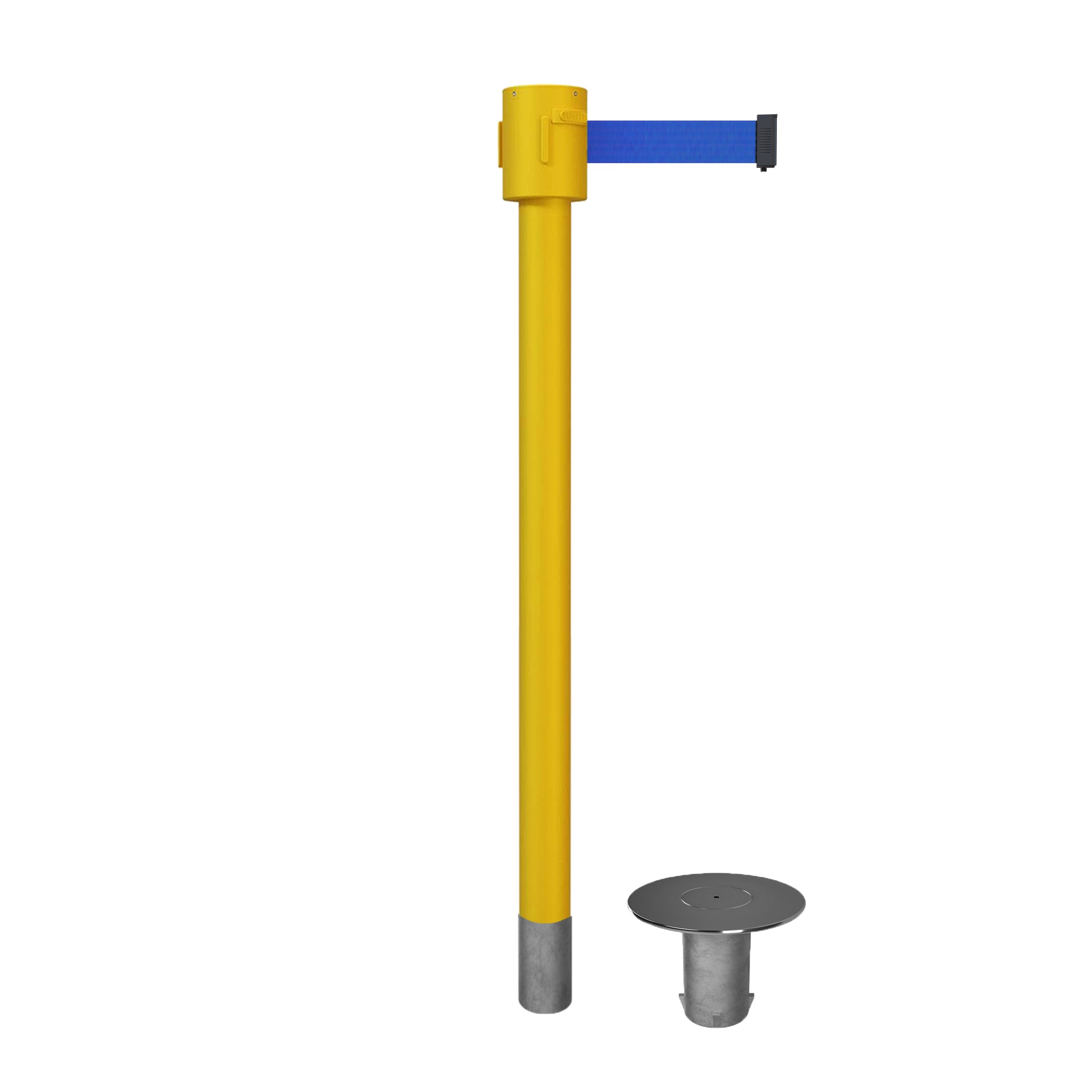 Retractable Belt Barrier Stanchion, Removable Base, Yellow Post, 35 ft Belt - Montour Line MSX760R - Crowd Control Warehouse