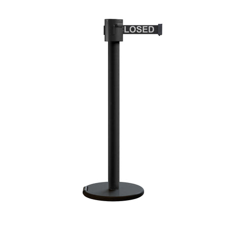 Retractable Belt Barrier Stanchion, Roller Base, Black Powder Coated Post, 35 ft Belt - Montour Line ME760 - Crowd Control Warehouse