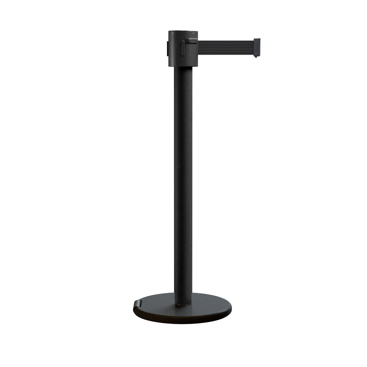 Retractable Belt Barrier Stanchion, Roller Base, Black Powder Coated Post, 35 ft Belt - Montour Line ME760 - Crowd Control Warehouse