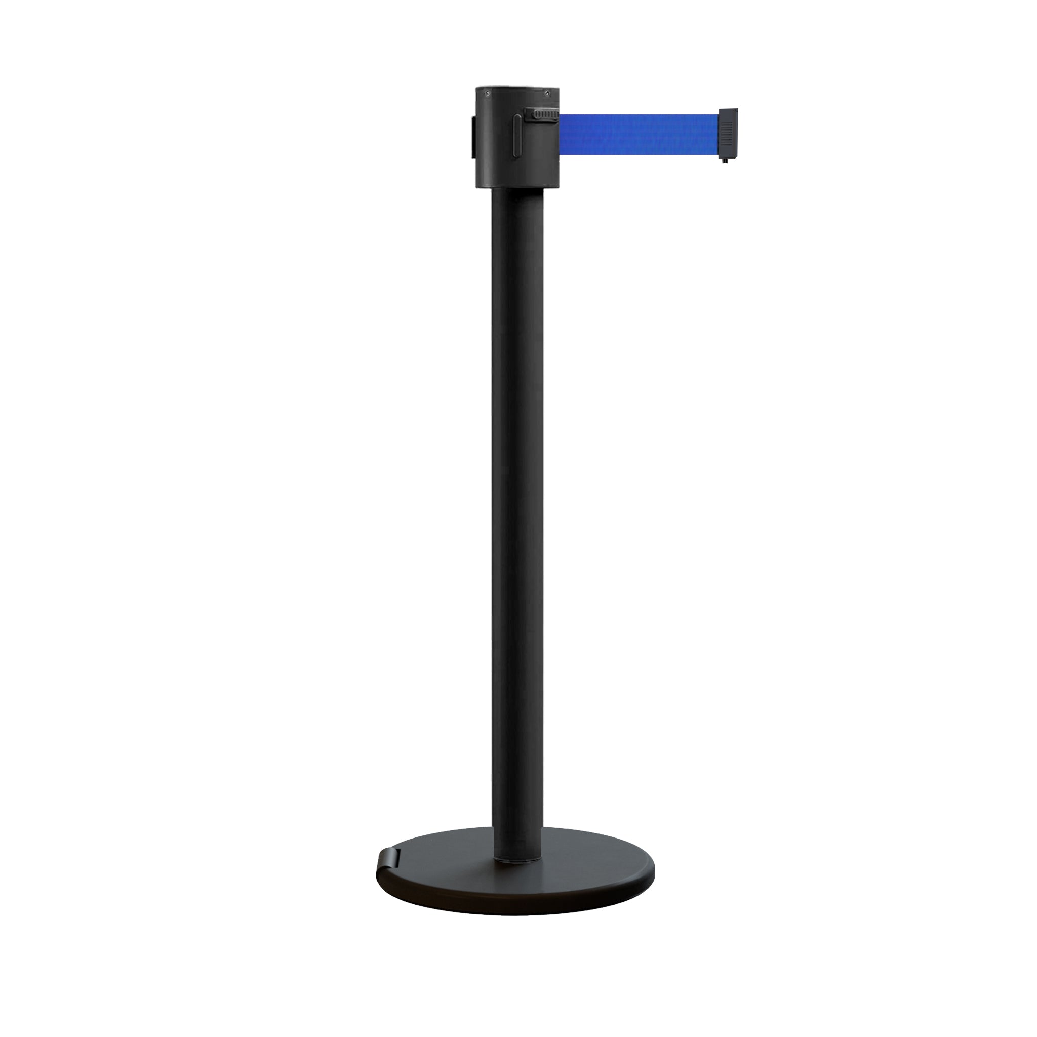 Retractable Belt Barrier Stanchion, Roller Base, Black Powder Coated Post, 35 ft Belt - Montour Line ME760 - Crowd Control Warehouse