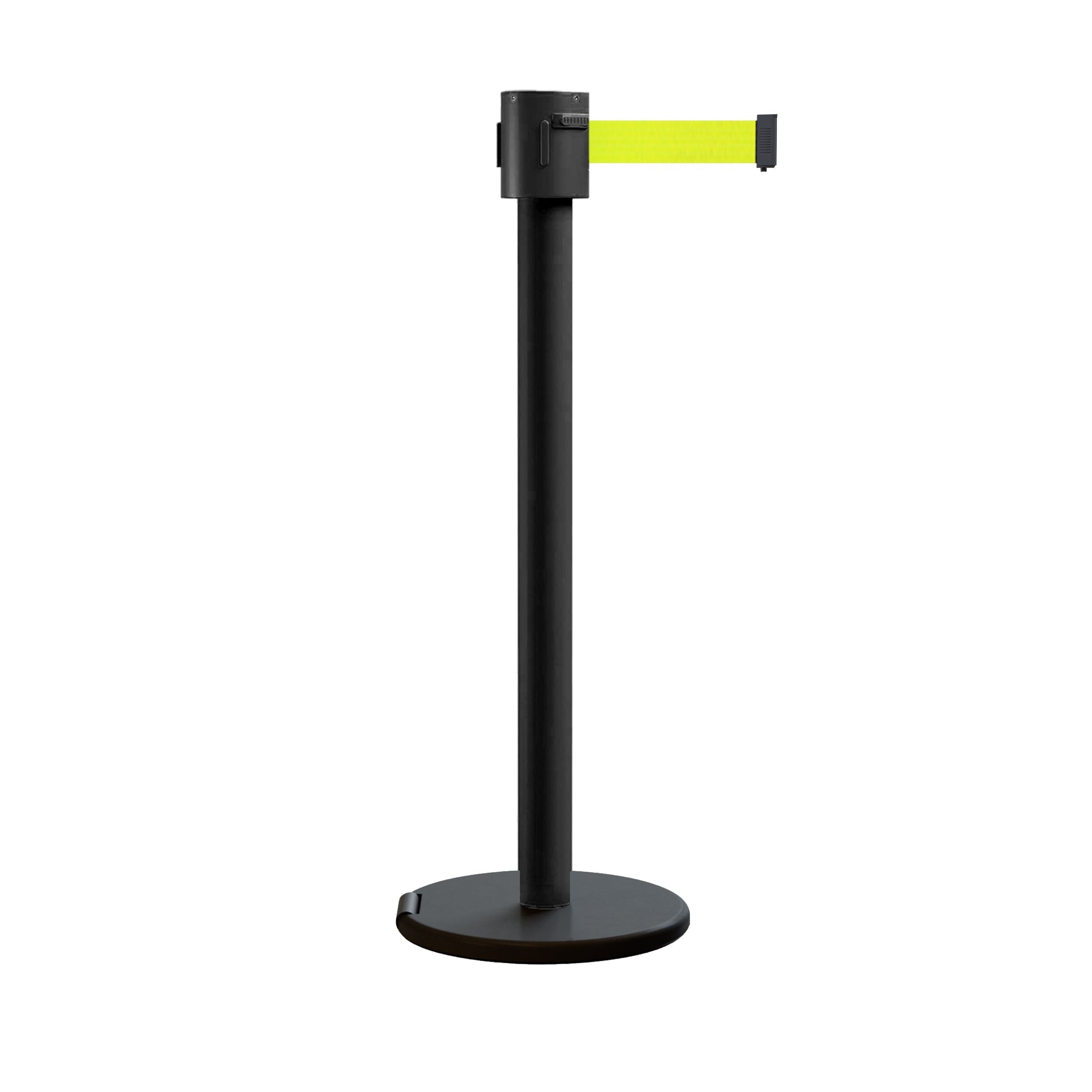 Retractable Belt Barrier Stanchion, Roller Base, Black Powder Coated Post, 35 ft Belt - Montour Line ME760 - Crowd Control Warehouse