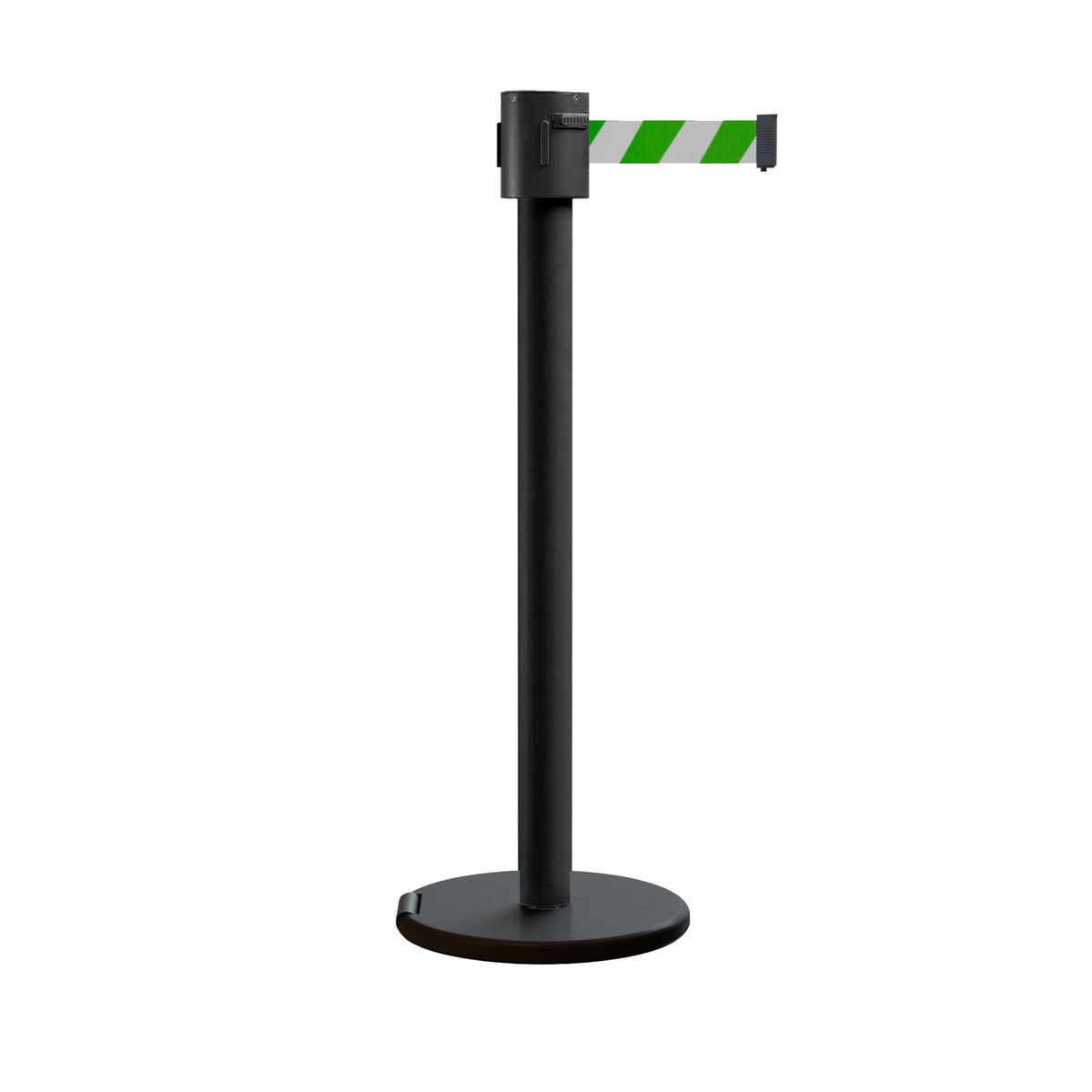 Retractable Belt Barrier Stanchion, Roller Base, Black Powder Coated Post, 35 ft Belt - Montour Line ME760 - Crowd Control Warehouse
