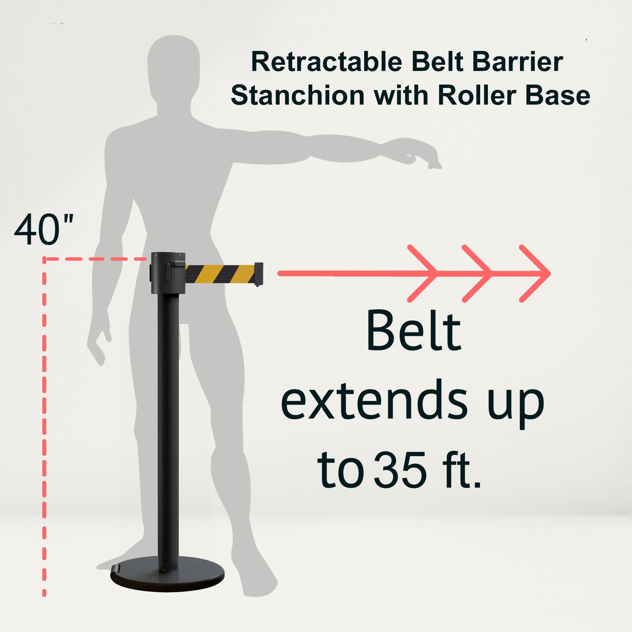 Retractable Belt Barrier Stanchion, Roller Base, Black Powder Coated Post, 35 ft Belt - Montour Line ME760 - Crowd Control Warehouse