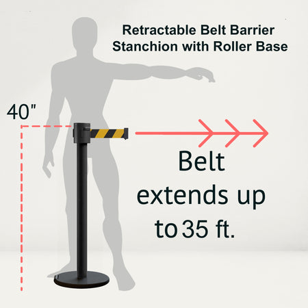 Retractable Belt Barrier Stanchion, Roller Base, Black Powder Coated Post, 35 ft Belt - Montour Line ME760 - Crowd Control Warehouse
