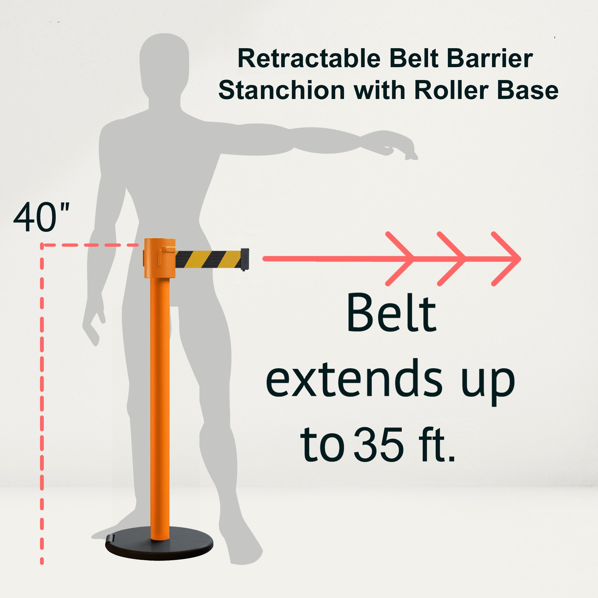 Retractable Belt Barrier Stanchion, Roller Base, Orange Post, 35 ft Belt - Montour Line MSE760 - Crowd Control Warehouse