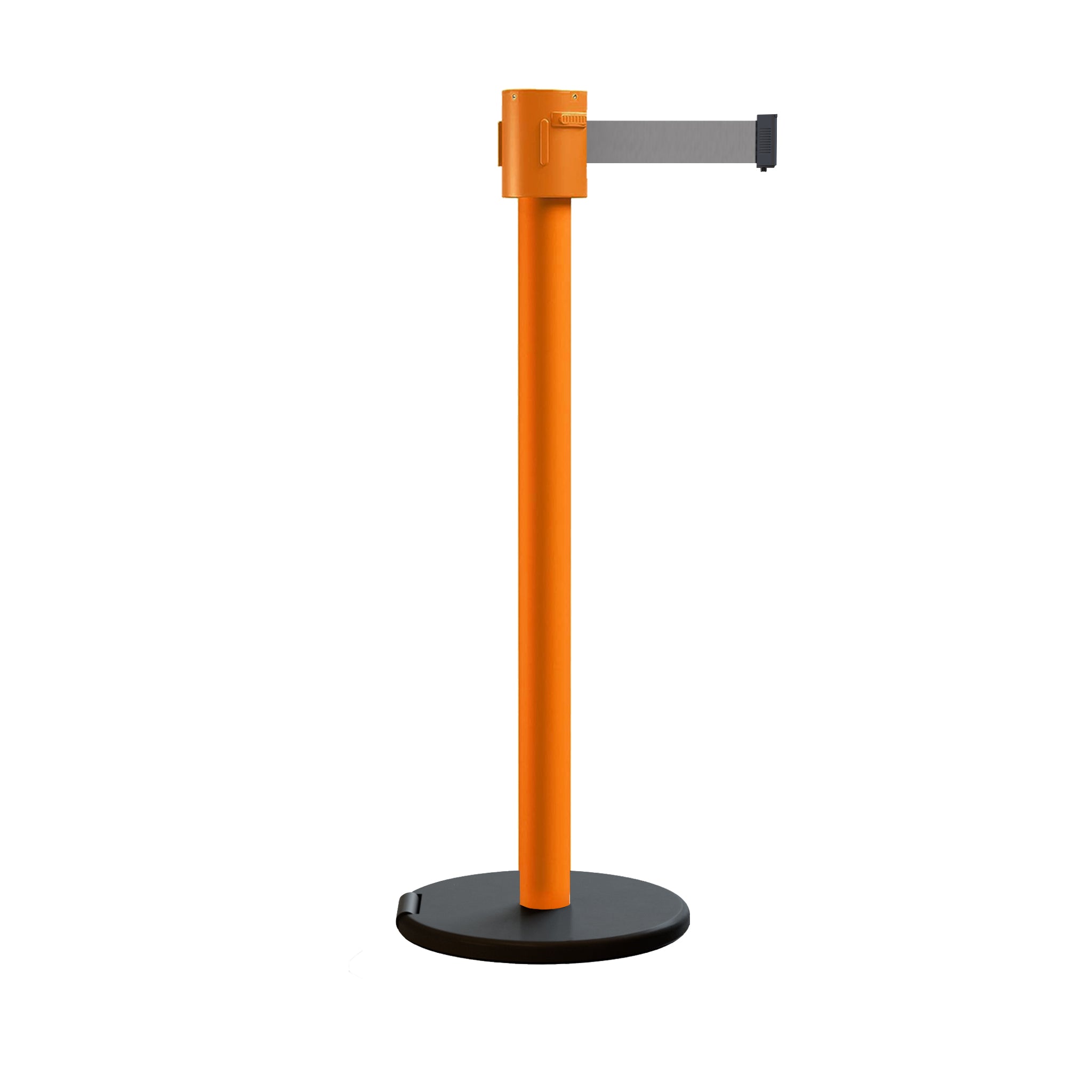 Retractable Belt Barrier Stanchion, Roller Base, Orange Post, 35 ft Belt - Montour Line MSE760 - Crowd Control Warehouse