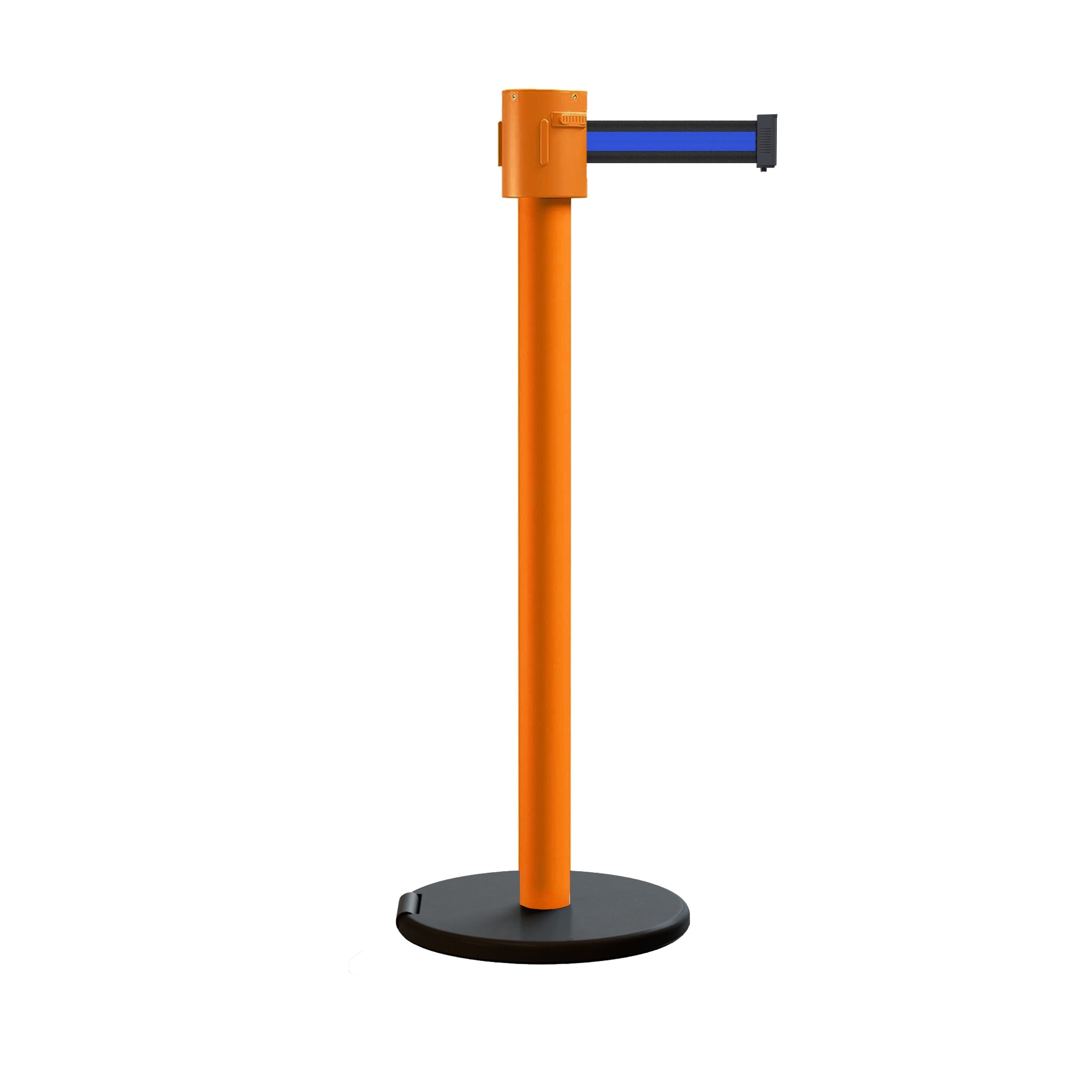 Retractable Belt Barrier Stanchion, Roller Base, Orange Post, 35 ft Belt - Montour Line MSE760 - Crowd Control Warehouse
