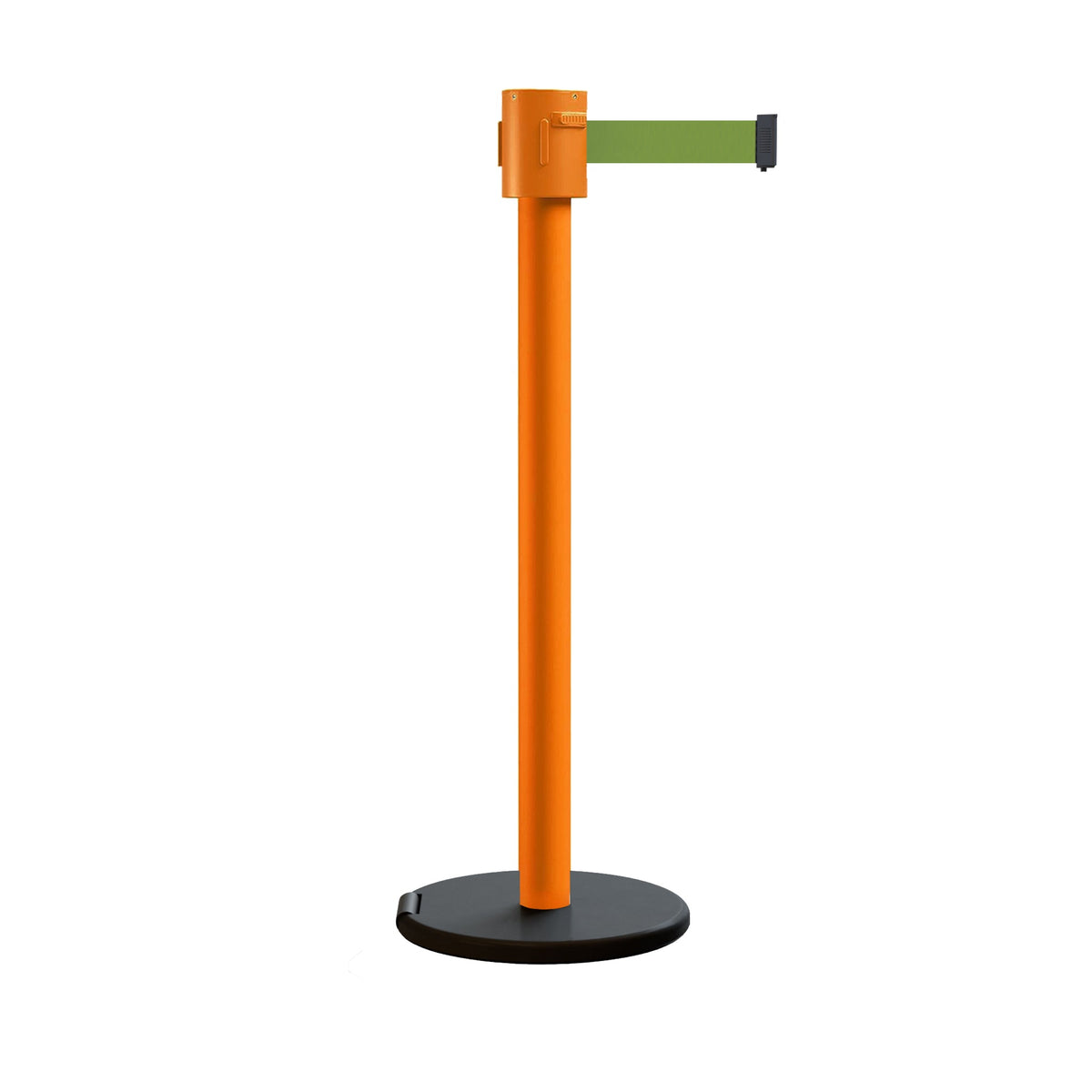 Retractable Belt Barrier Stanchion, Roller Base, Orange Post, 35 ft Belt - Montour Line MSE760 - Crowd Control Warehouse