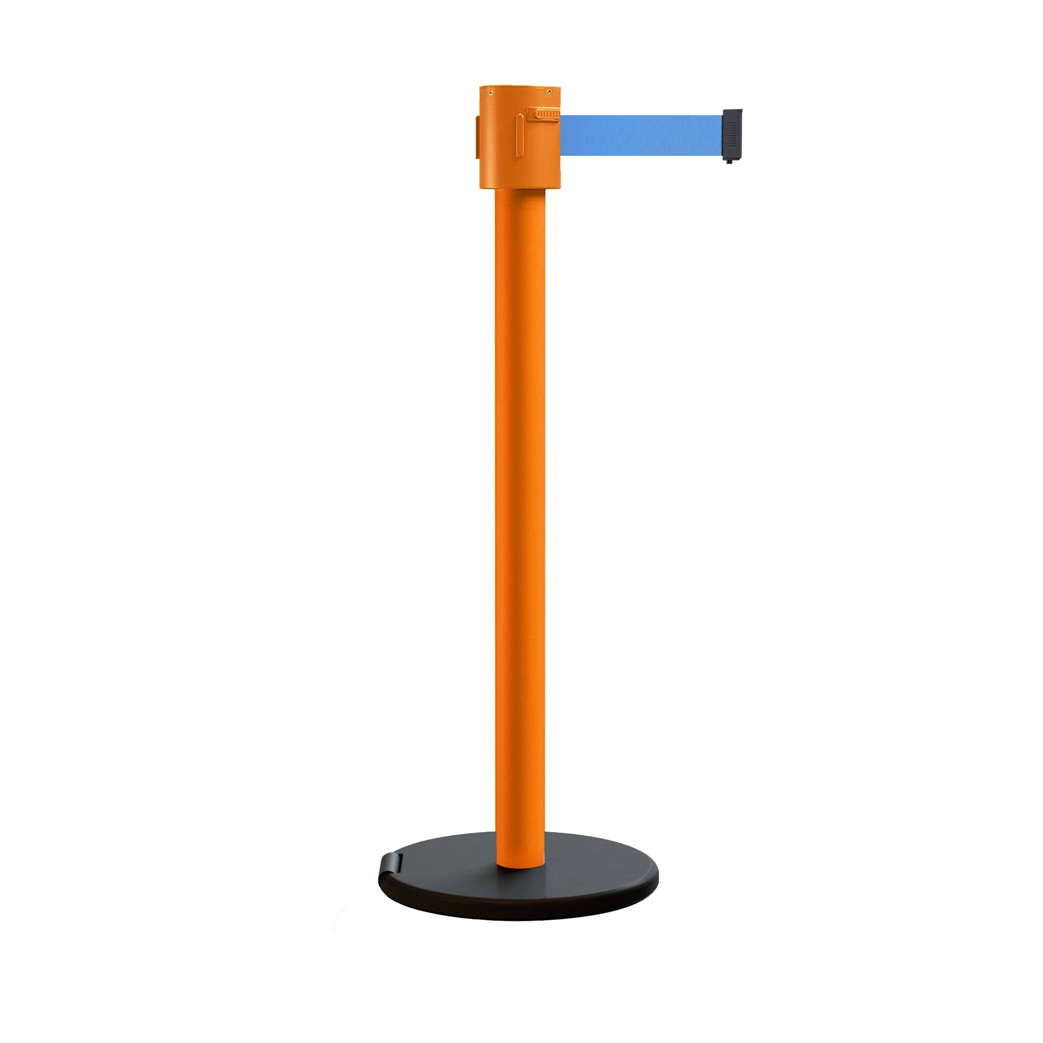 Retractable Belt Barrier Stanchion, Roller Base, Orange Post, 35 ft Belt - Montour Line MSE760 - Crowd Control Warehouse